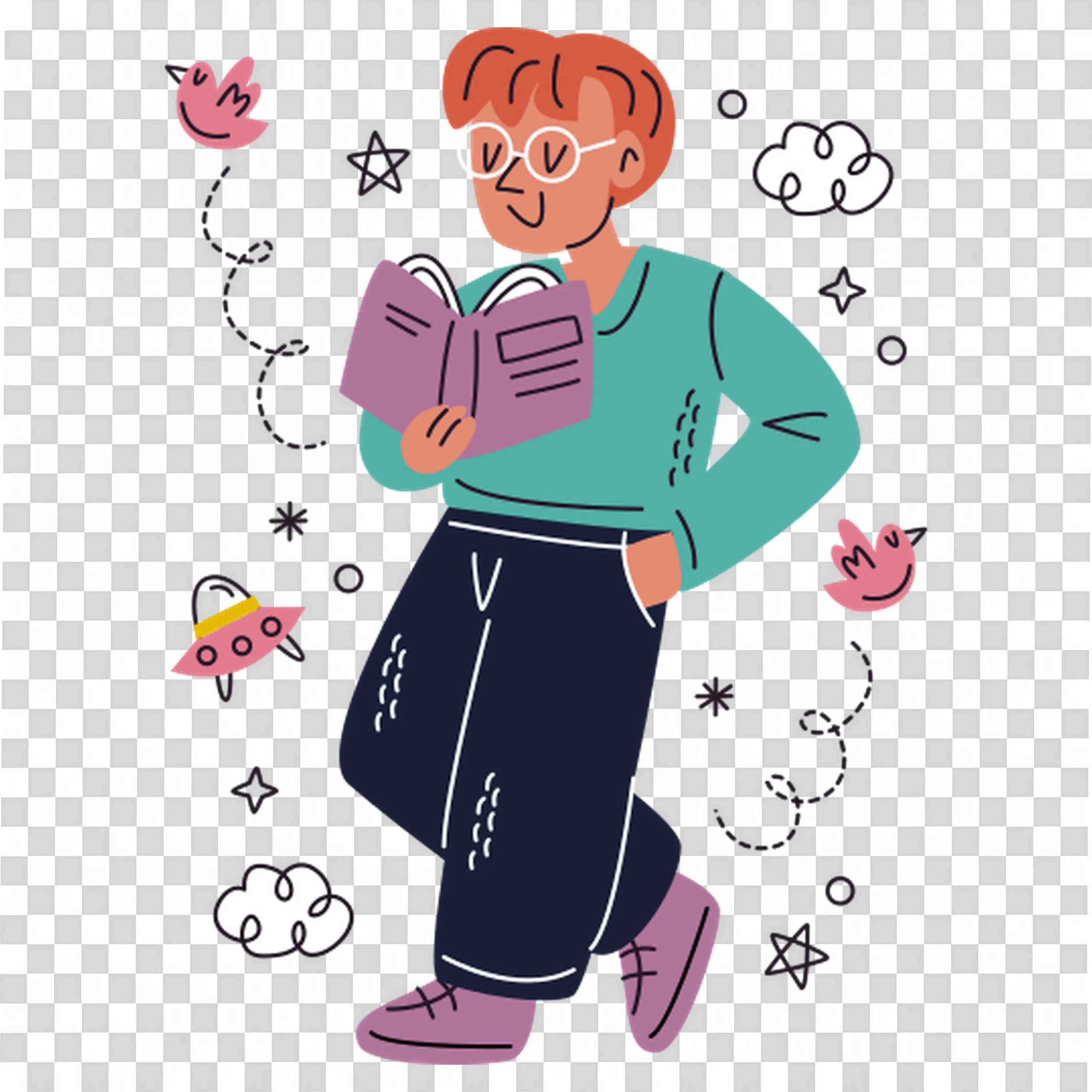 Cartoon Person Reading Book with Playful Elements Art Png