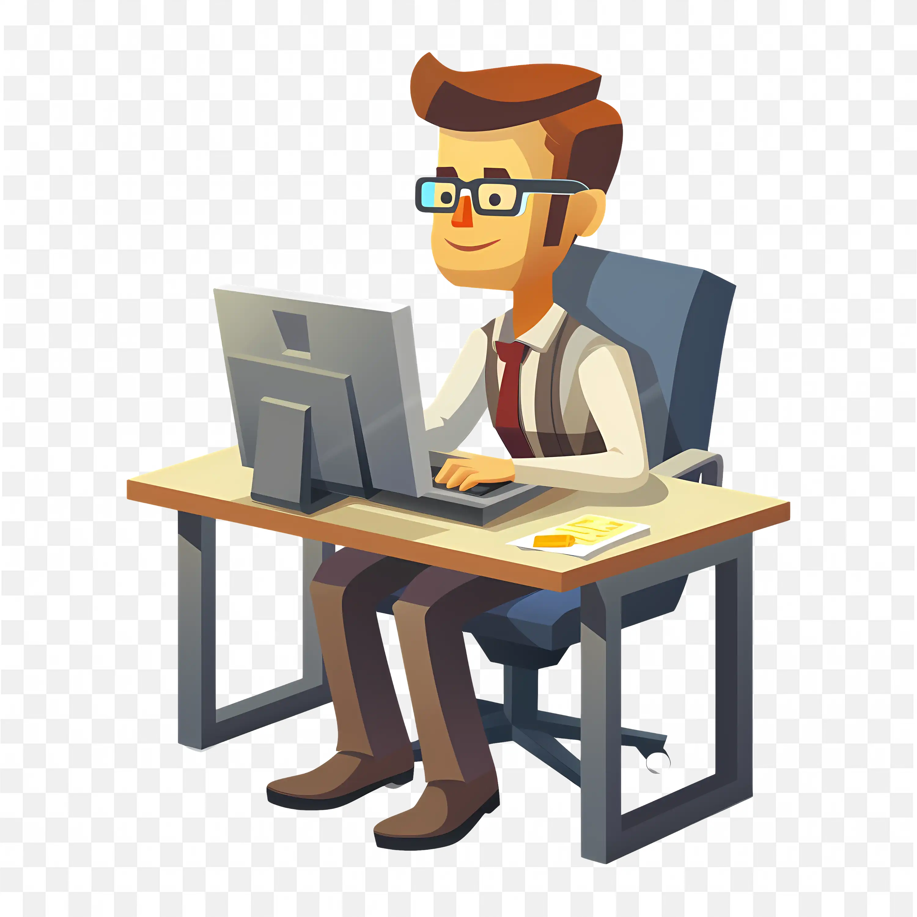 Cartoon Pixel Office Worker Using a Computer Free PNG