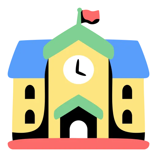 Cartoon School Building with Flag and Front Door free PNG