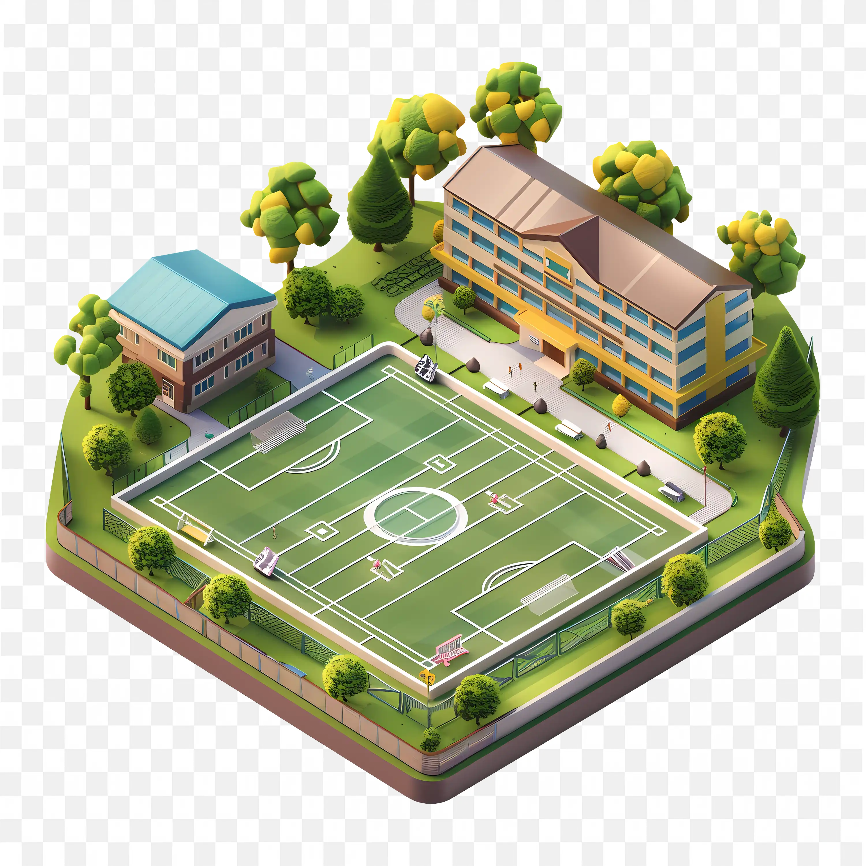 Cartoon School Campus with Sports Field and Buildings PNG