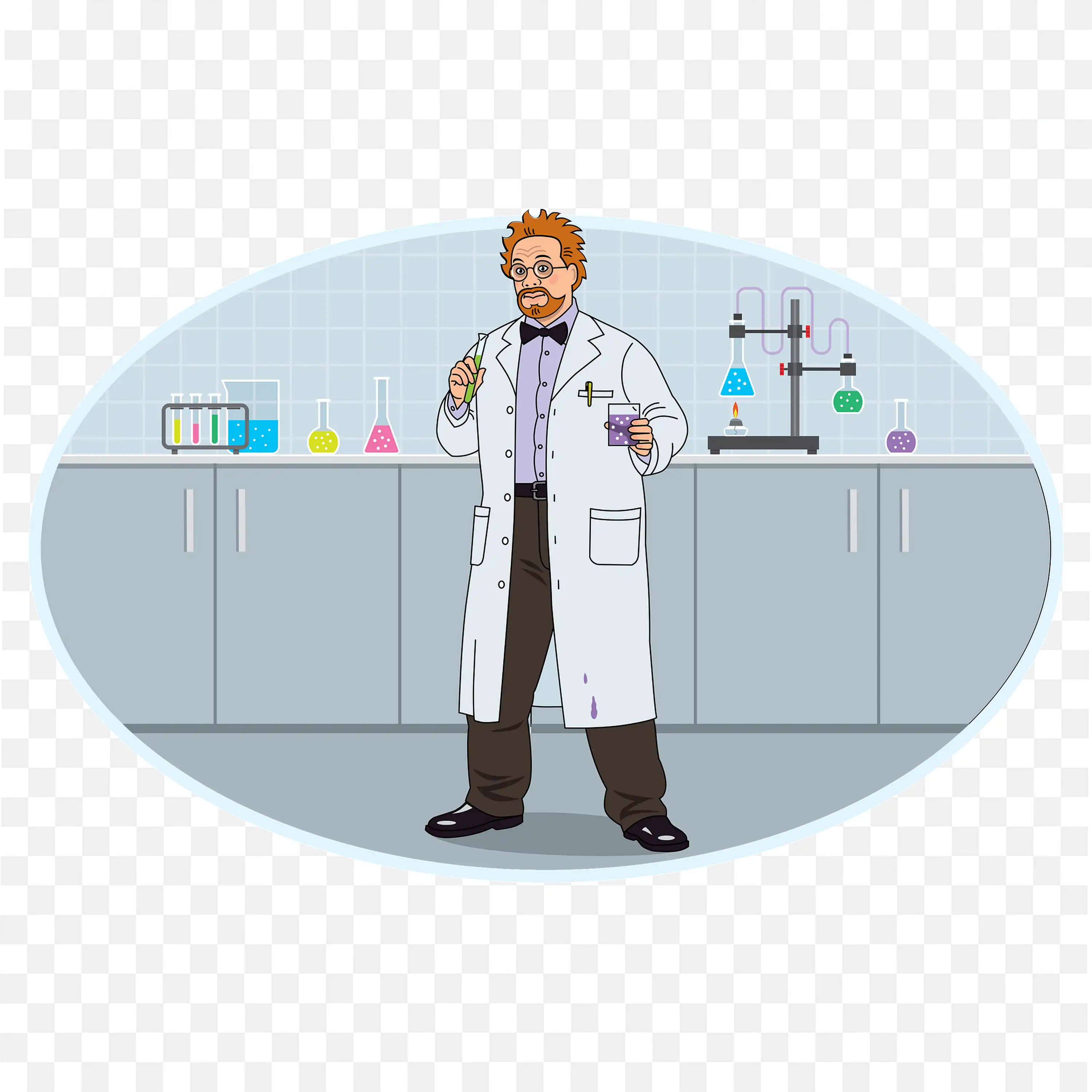 Cartoon Scientist Mixing Chemicals in a Laboratory PNG
