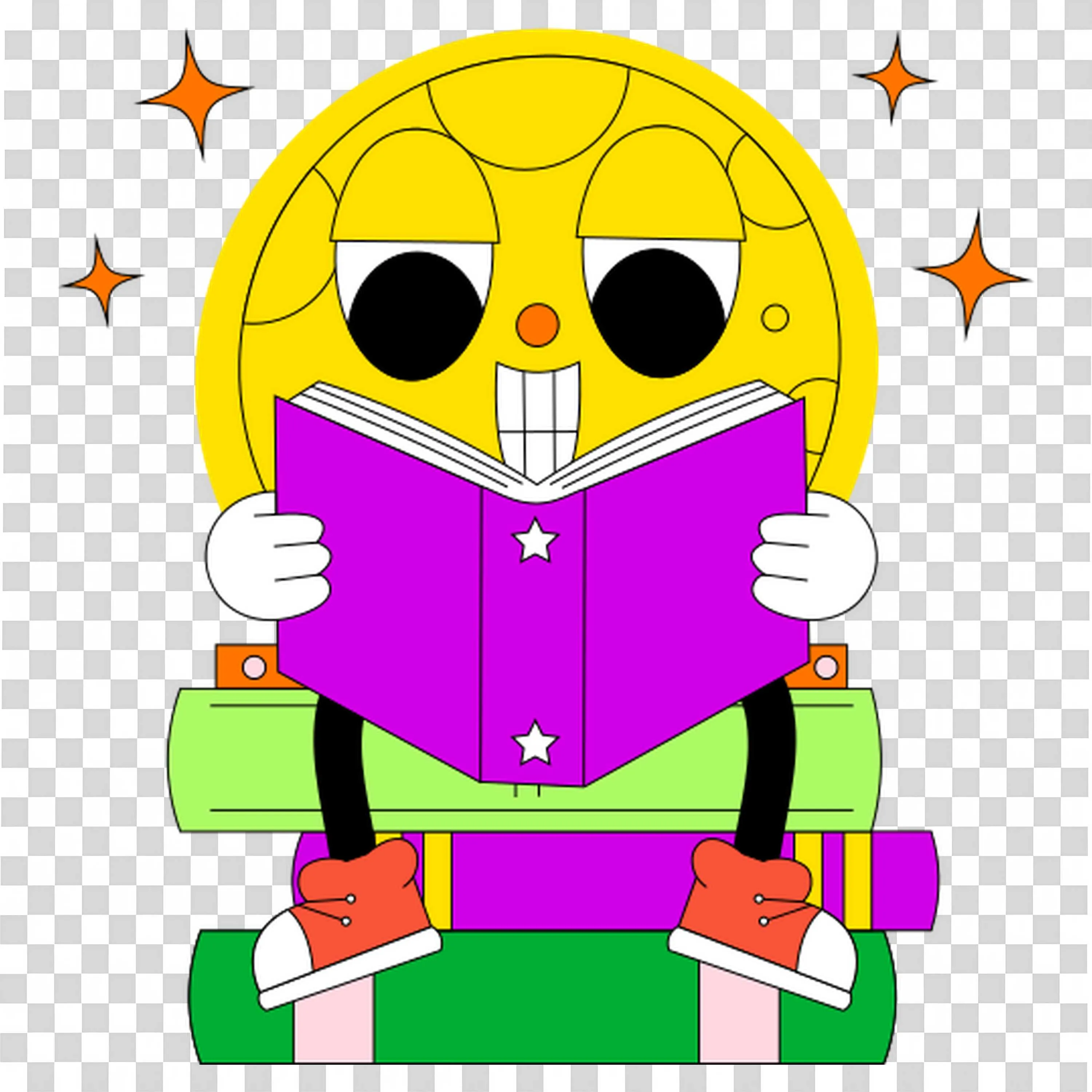 Cartoon Sun Sitting on the Books and Reading a Book Png