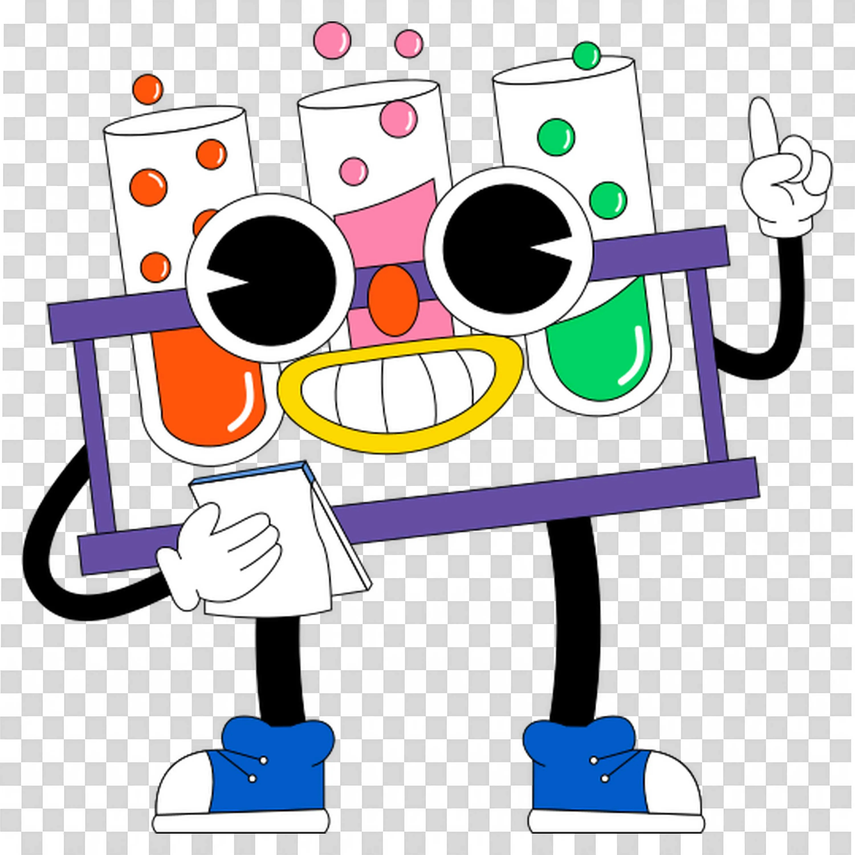 Cartoon Test Tubes Character Holding a Notebook Pointing Up