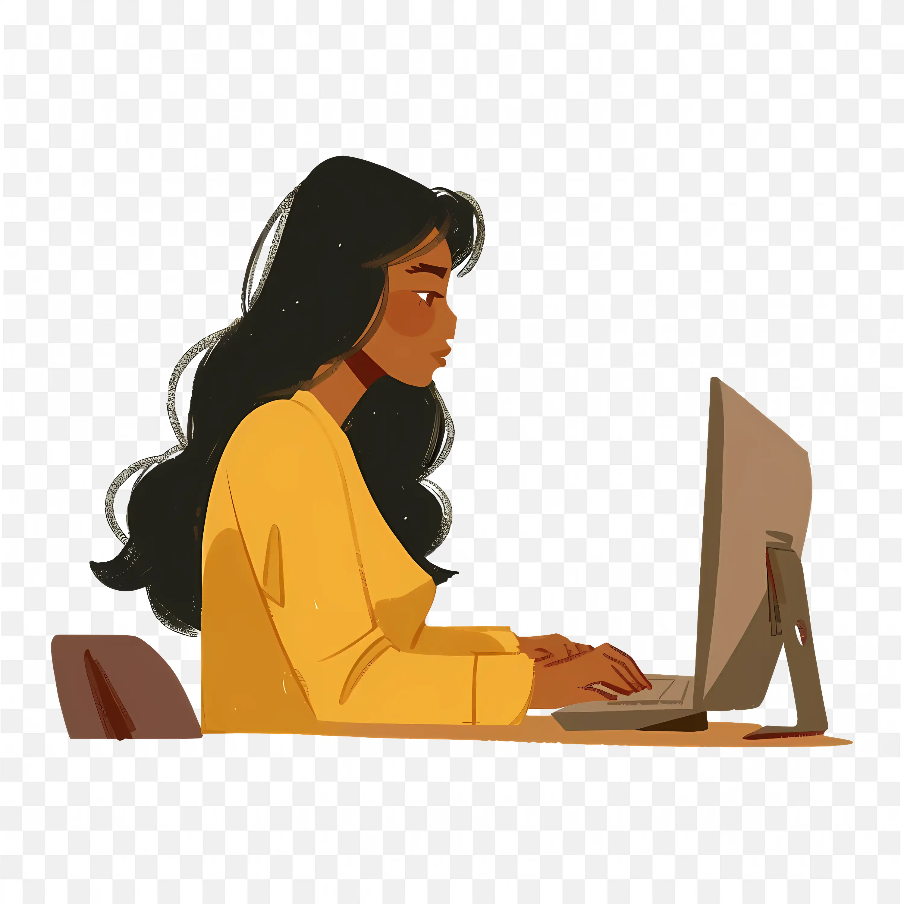 Cartoon Woman with a Yellow Dress Working on a Computer PNG