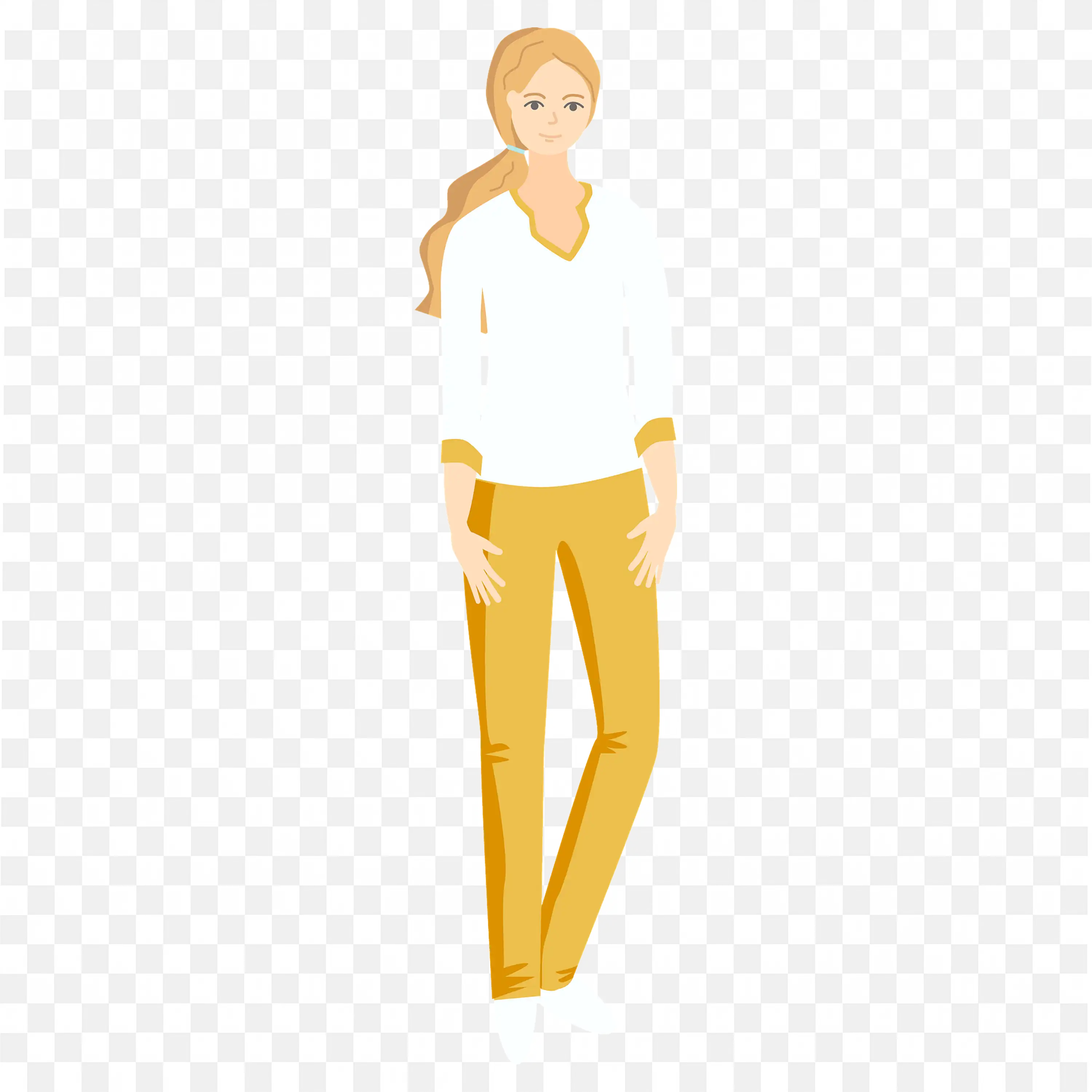 Casual Woman with a Yellow White Dress Standing Calmly PNG