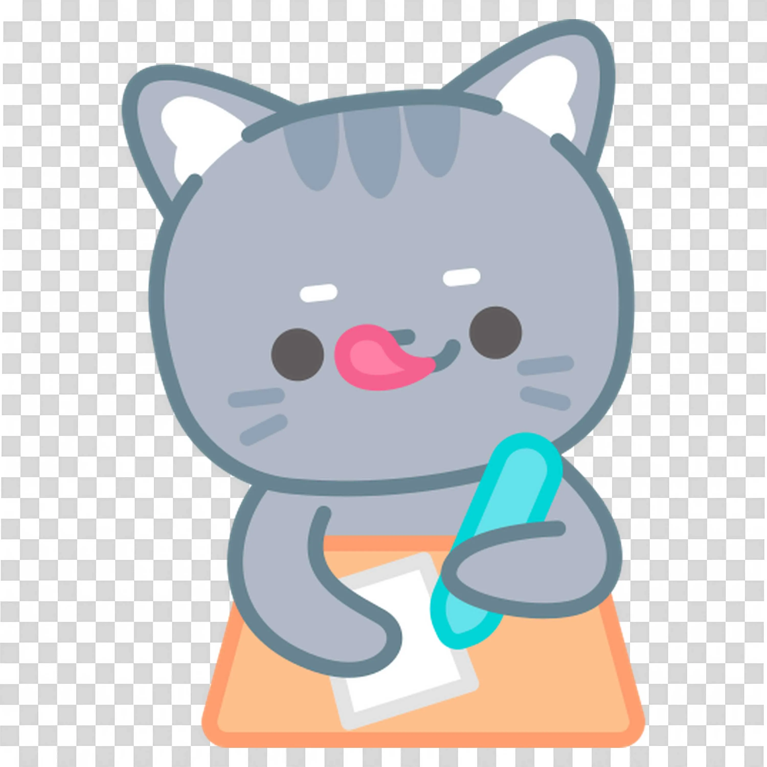 Cat Licking Lips and Holding a Pen and Paper Free PNG Image