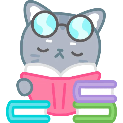 Cat reading book with glasses focused on schoolwork