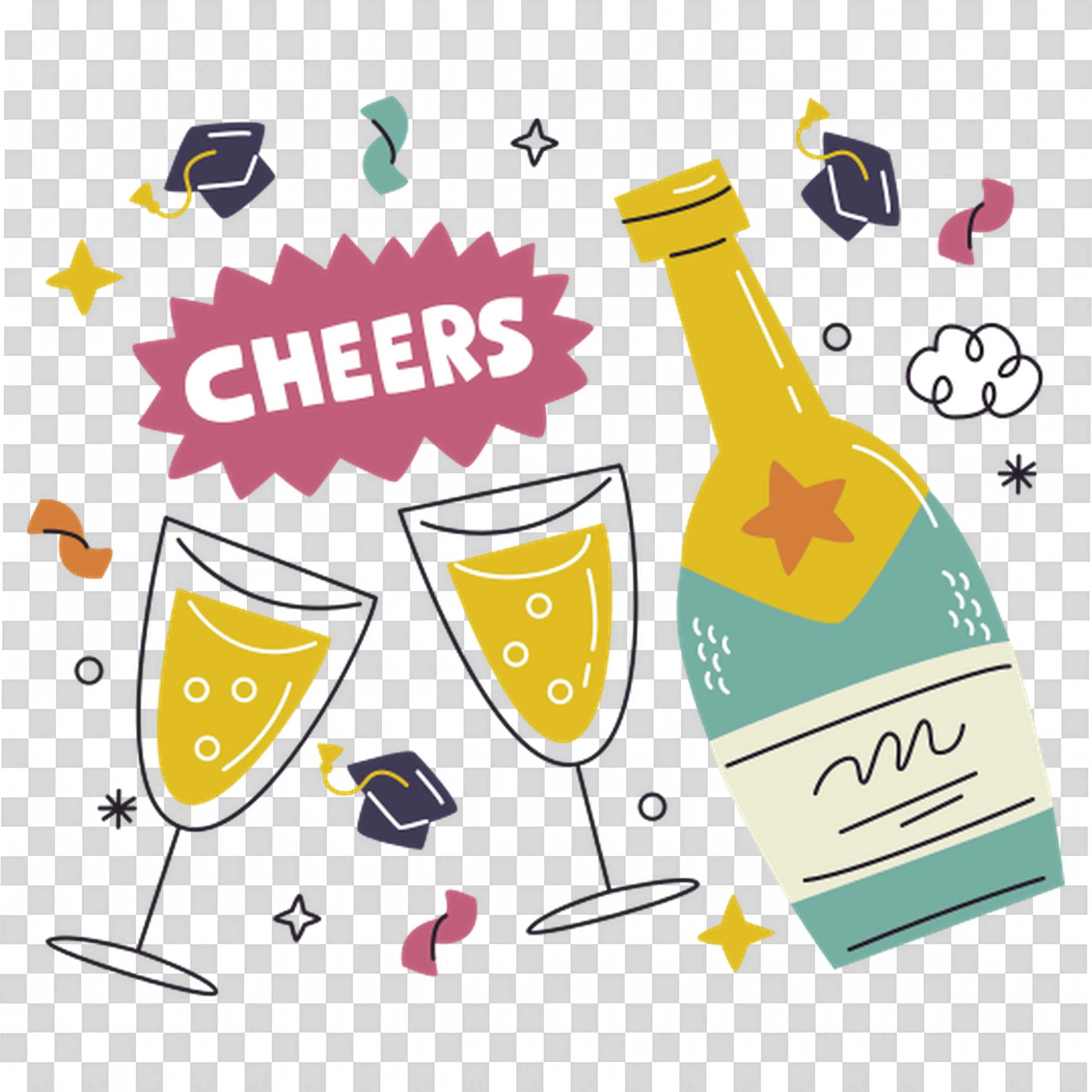 Celebration with Champagne Glasses and Cheers Text PNG Image