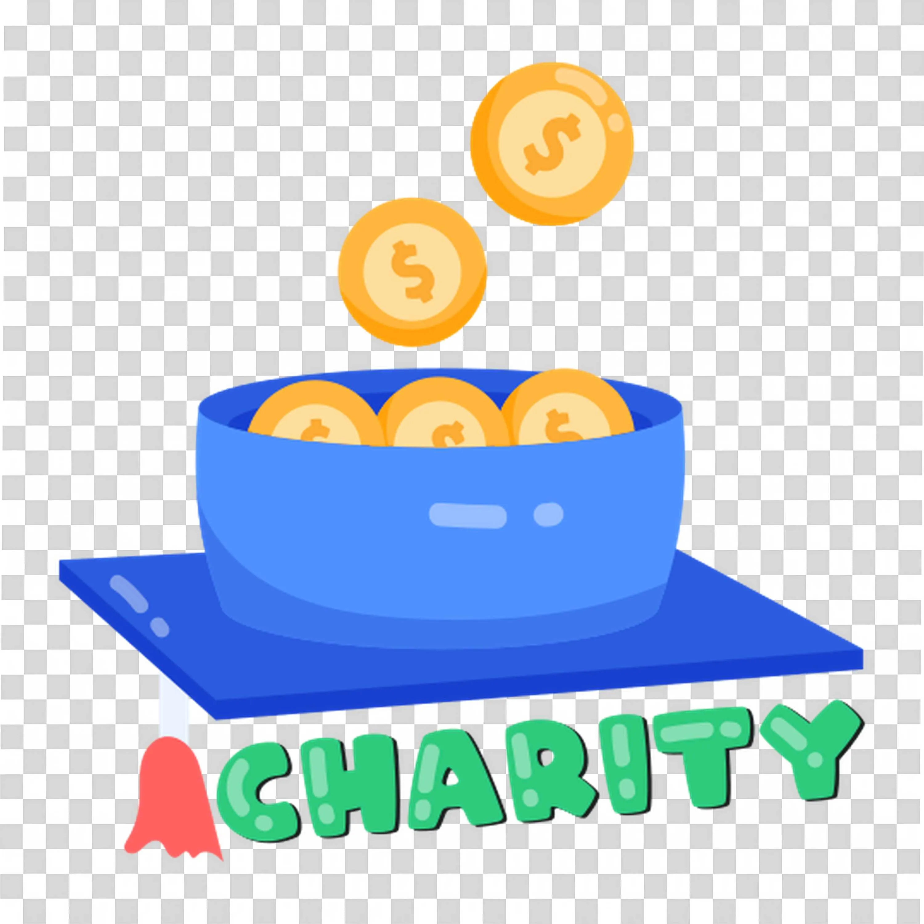 Charity Donation Bowl with Coins and Green Text Design Png