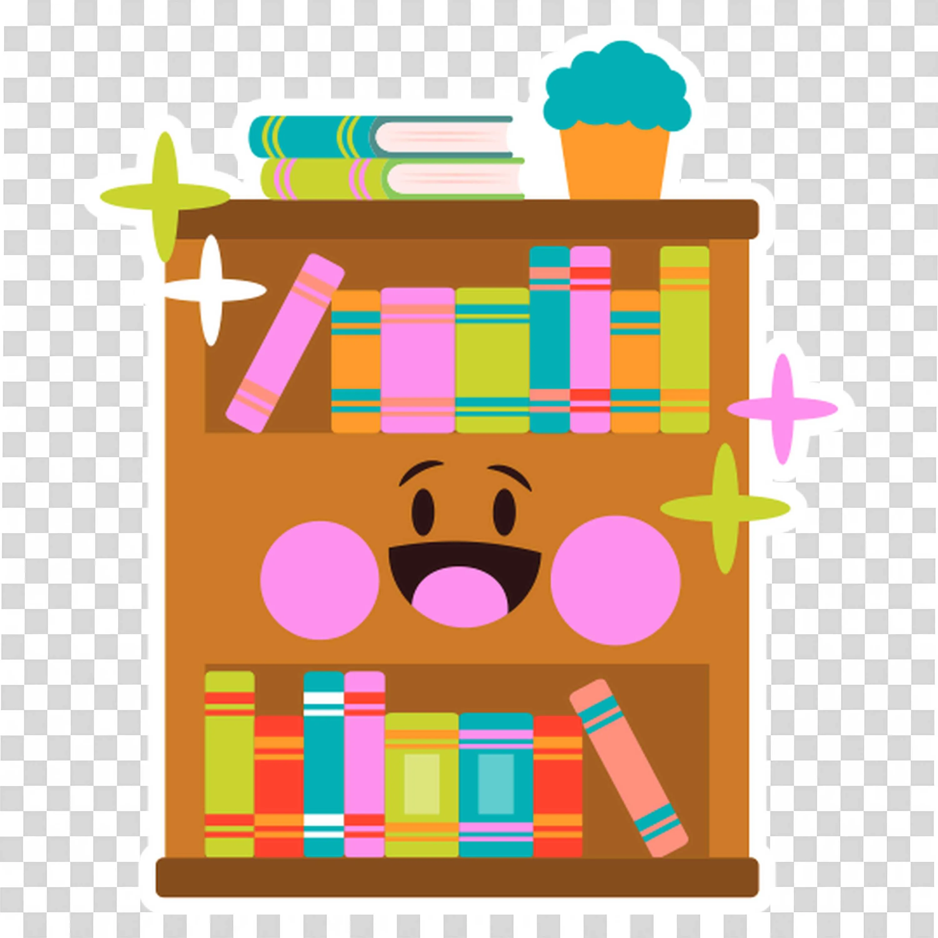 Cheerful Bookshelf Full Of Books with a Smiling Face Png