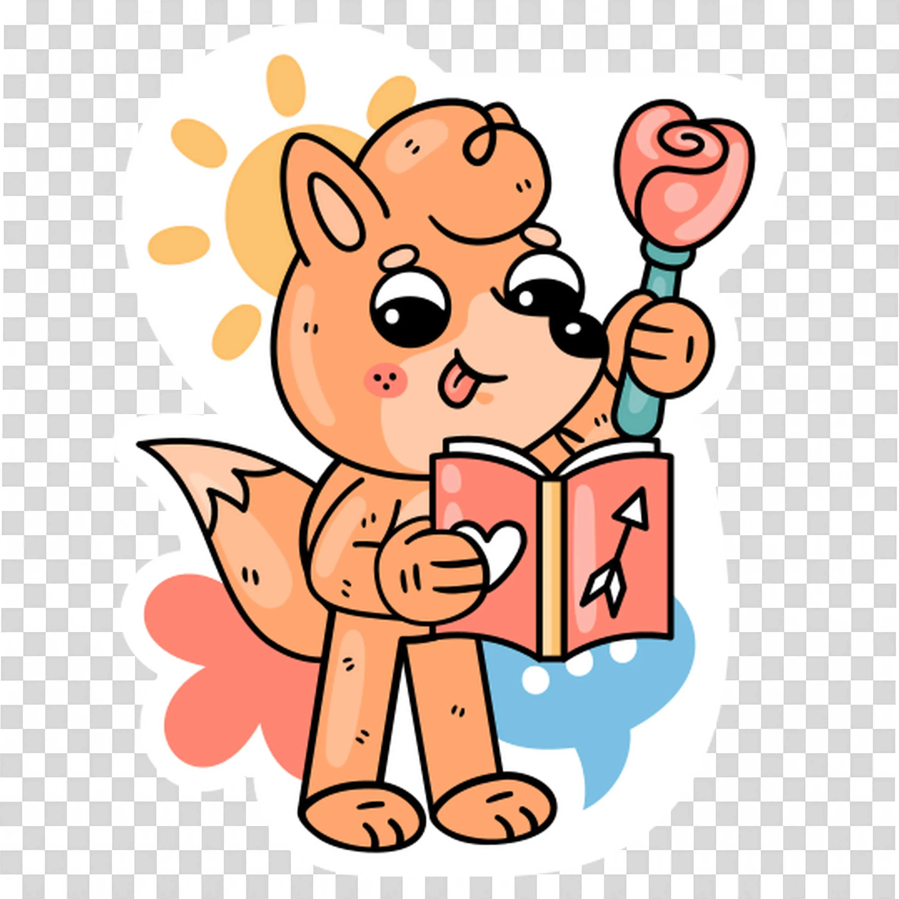Cheerful Cartoon Fox Holding a Book and a Rose PNG Download