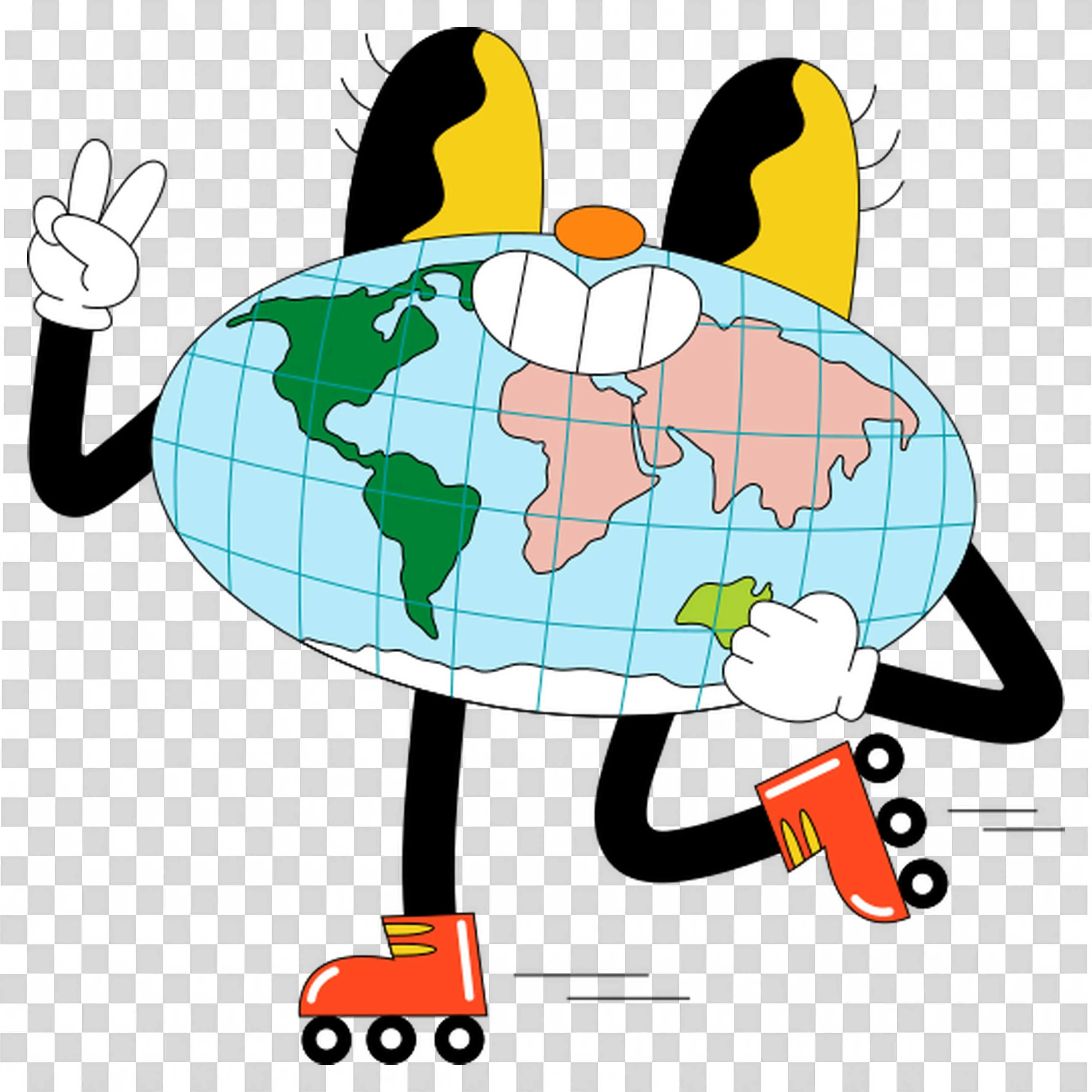 Cheerful Cartoon Globe on Skates Showing Peace Sign Free Png