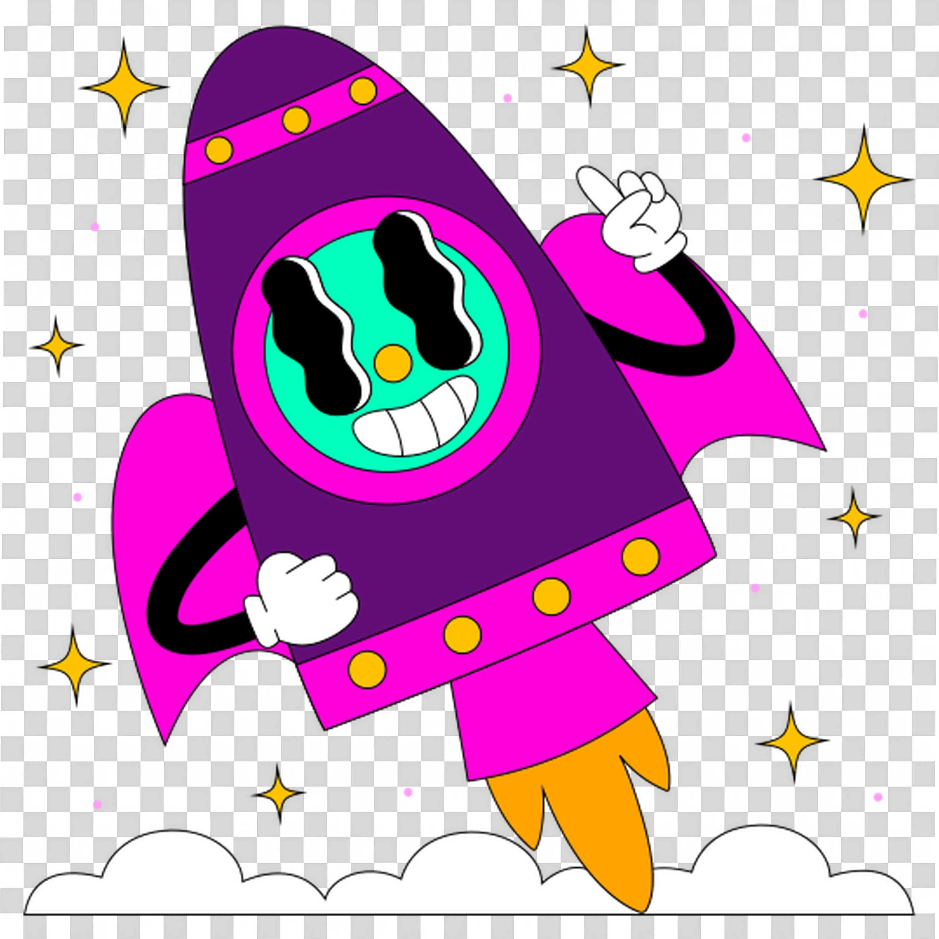 Cheerful Rocket Character Blasting Off with Big Smile Png
