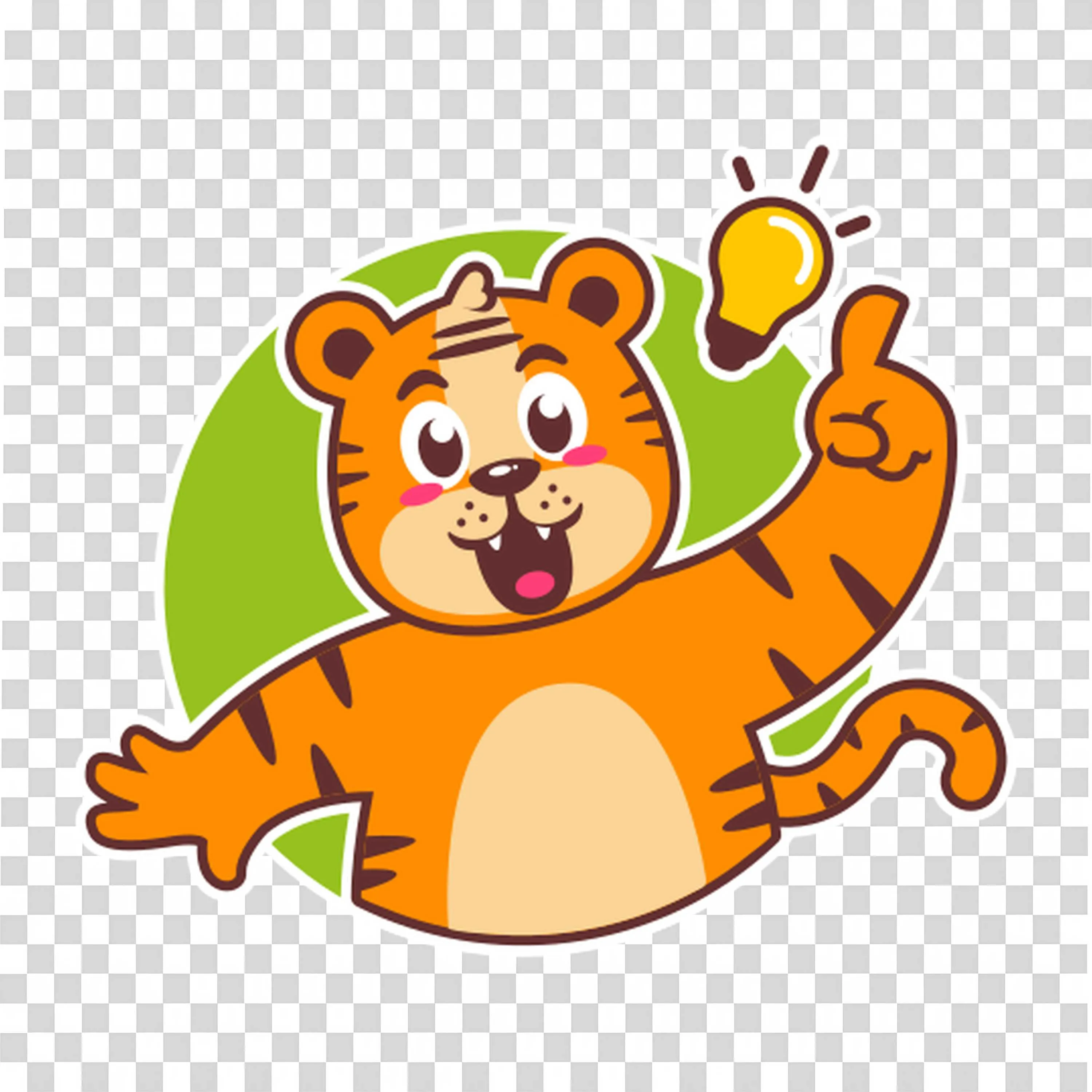 Cheerful Tiger with Idea Lightbulb Pointing Upward Free Png
