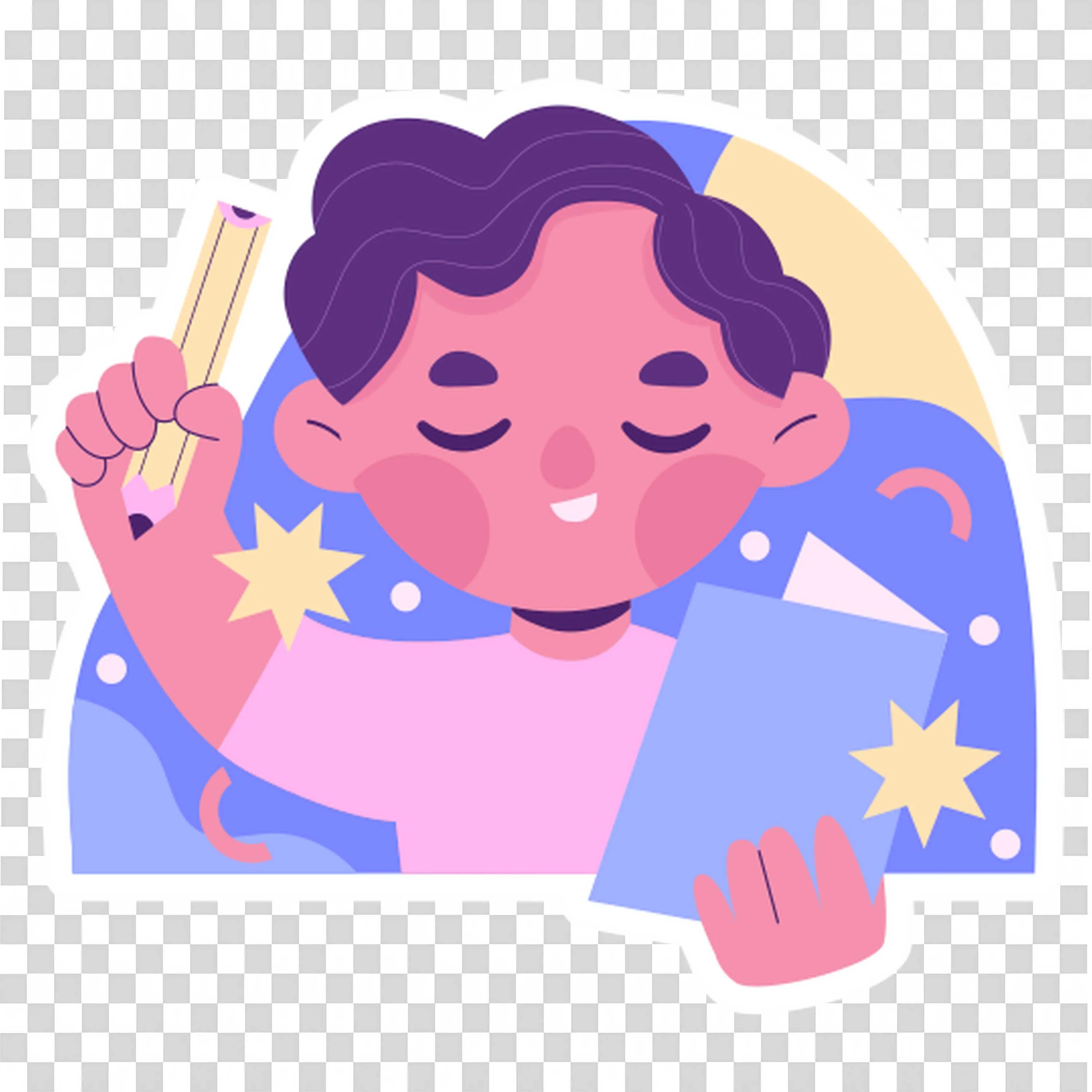 Cheerful Young Boy Holding a Pencil and a Book PNG Image