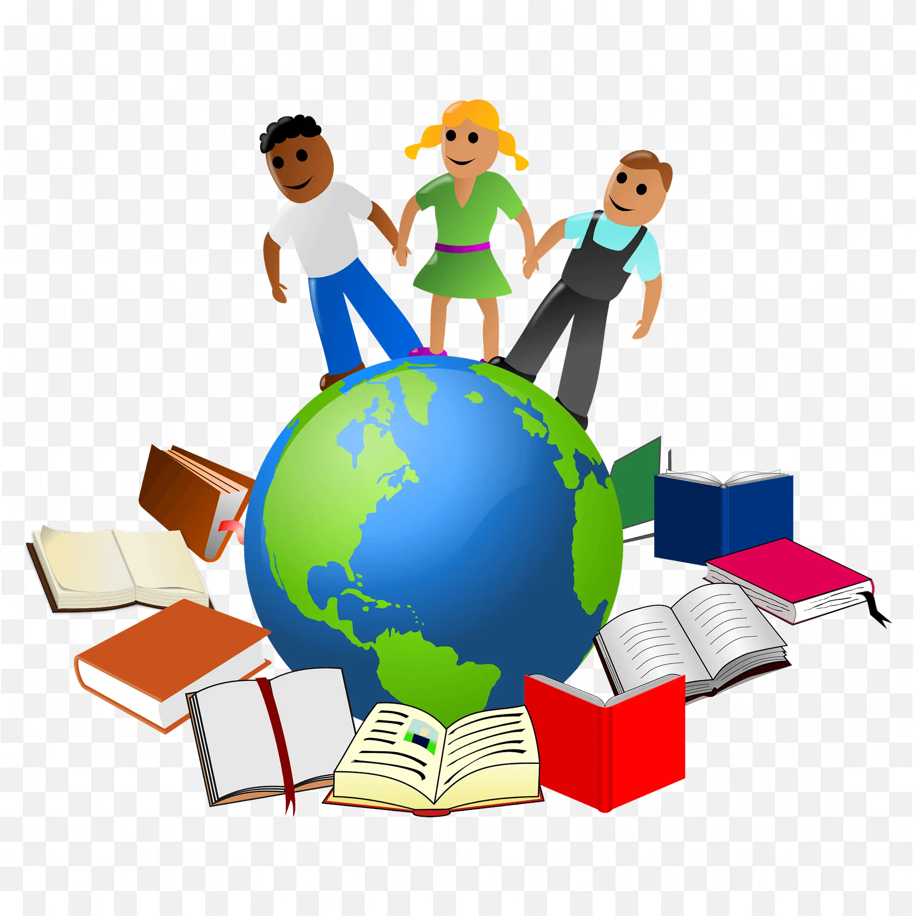Children Holding Hands on Globe with Books Around PNG Free
