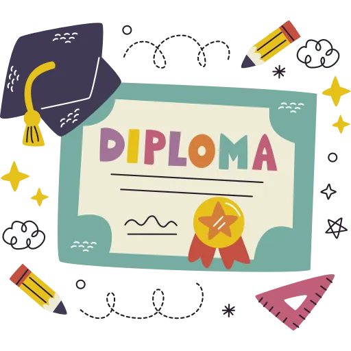 Colorful Diploma Surrounded by School Supplies and Icons