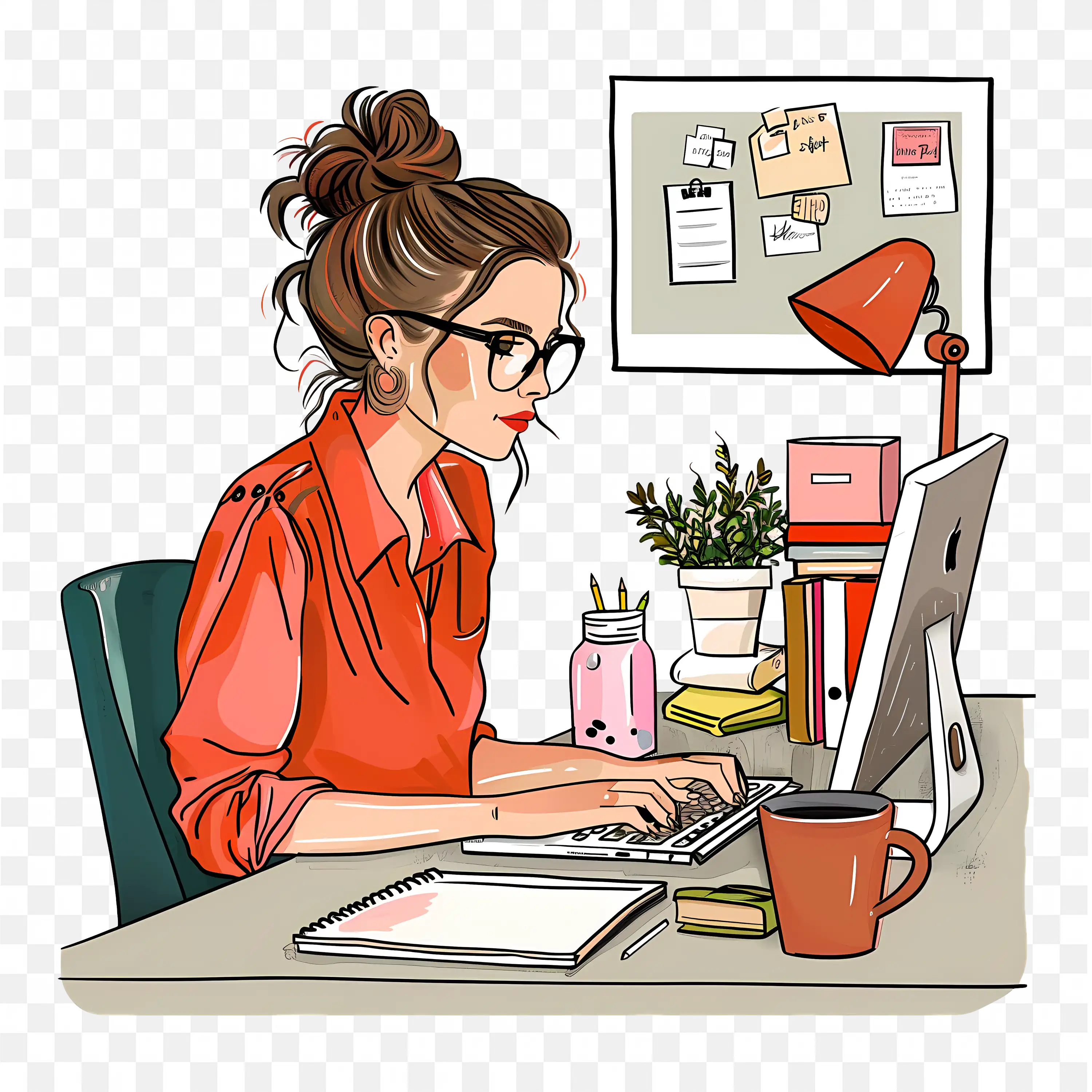 Colourful Cartoon Woman Working with a Computer Free PNG