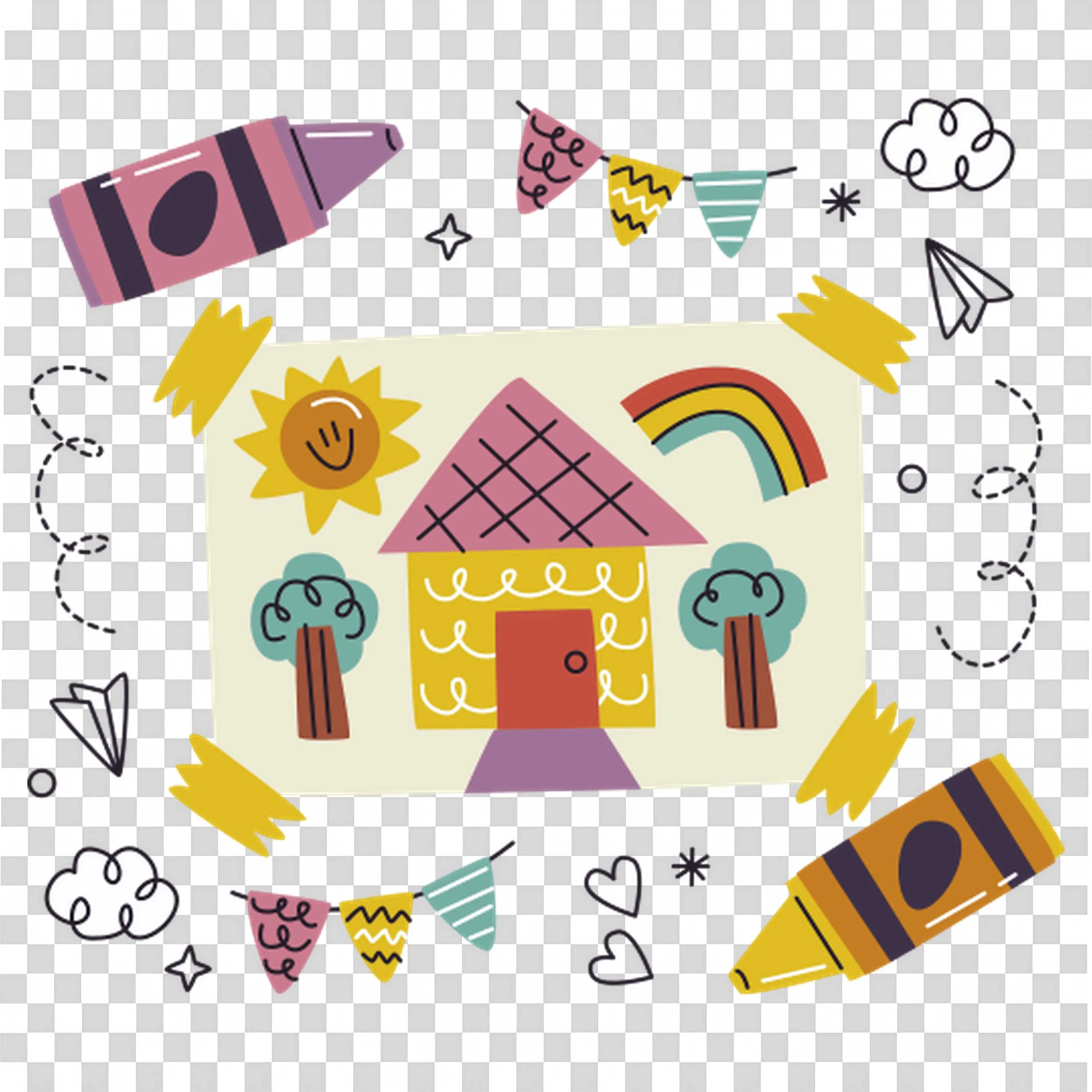 Colourful Crayon Drawings Of a House Sun Rainbow and Trees