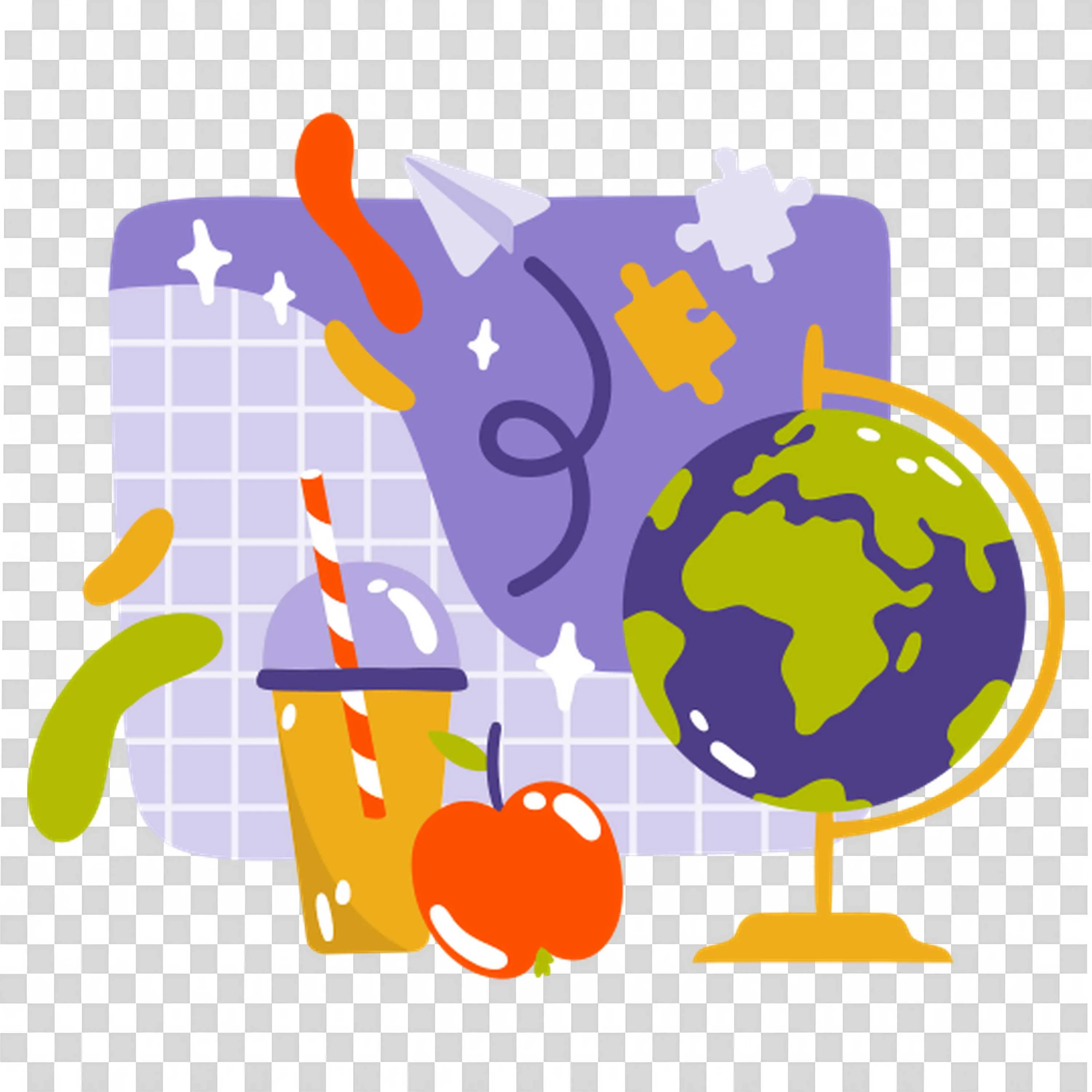 Colourful Education Icons with Globe Puzzle and Smoothie Cup