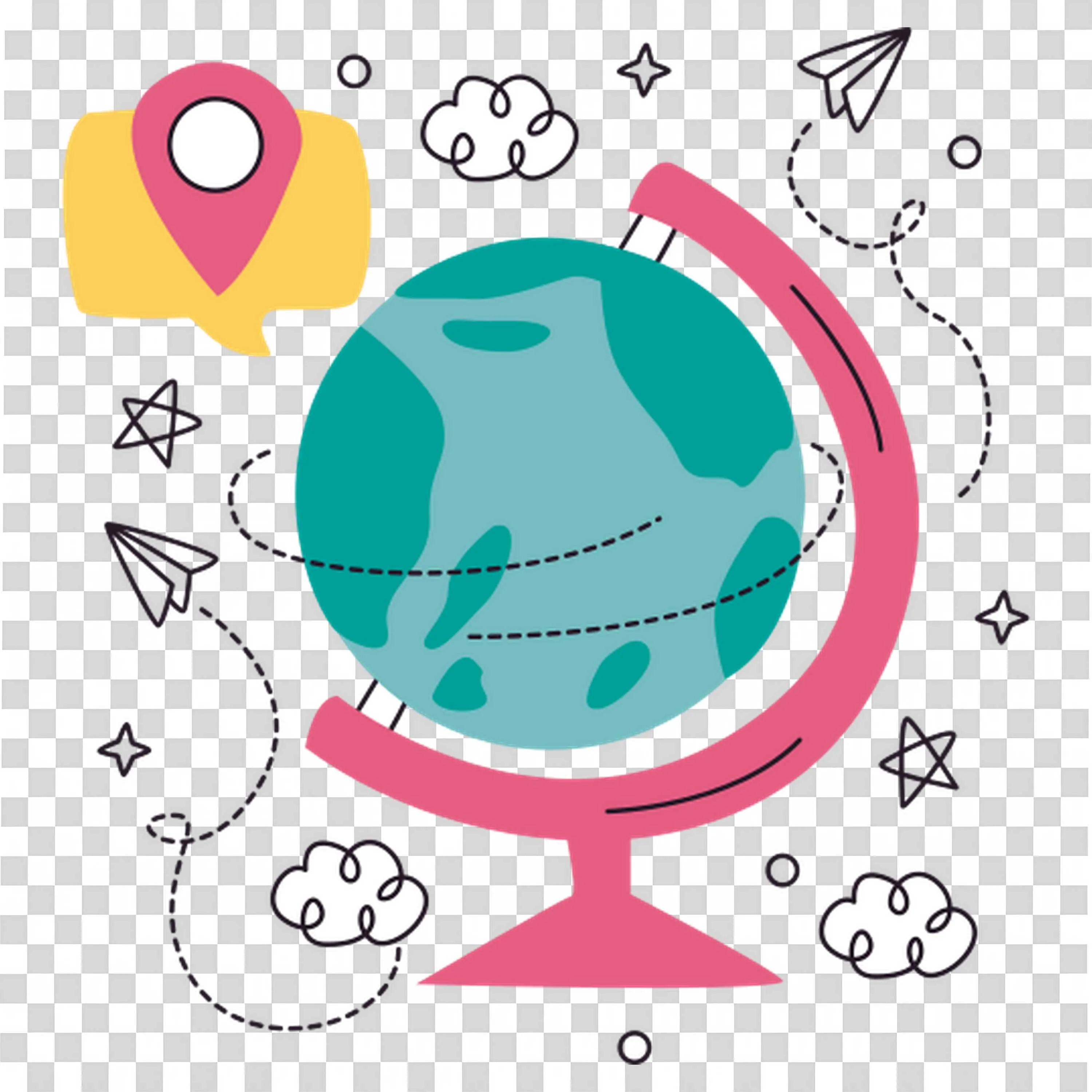 Colourful Globe and Location Pin Icon with Doodle Images Png