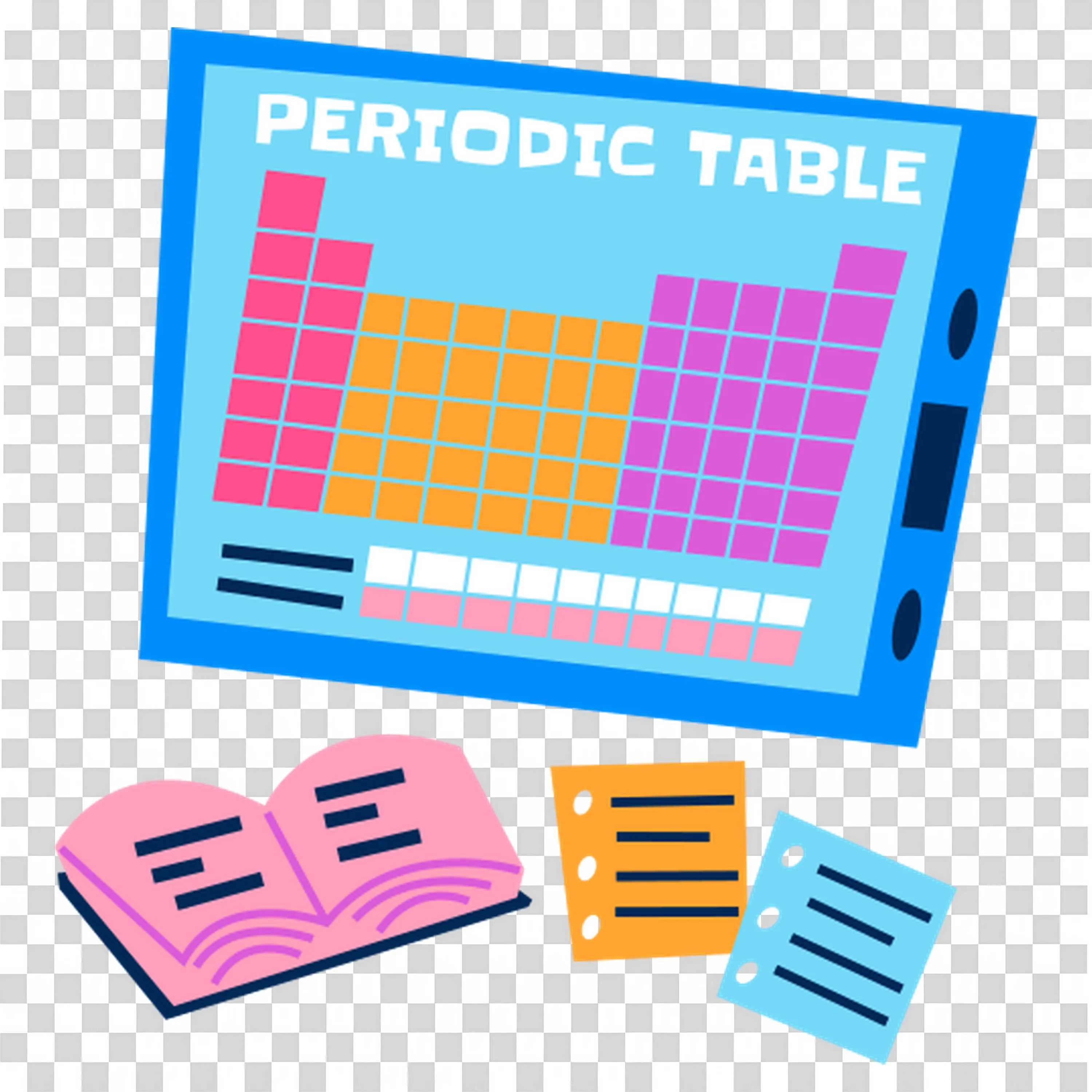Colourful Periodic Table with Study Notes and Book PNG Image