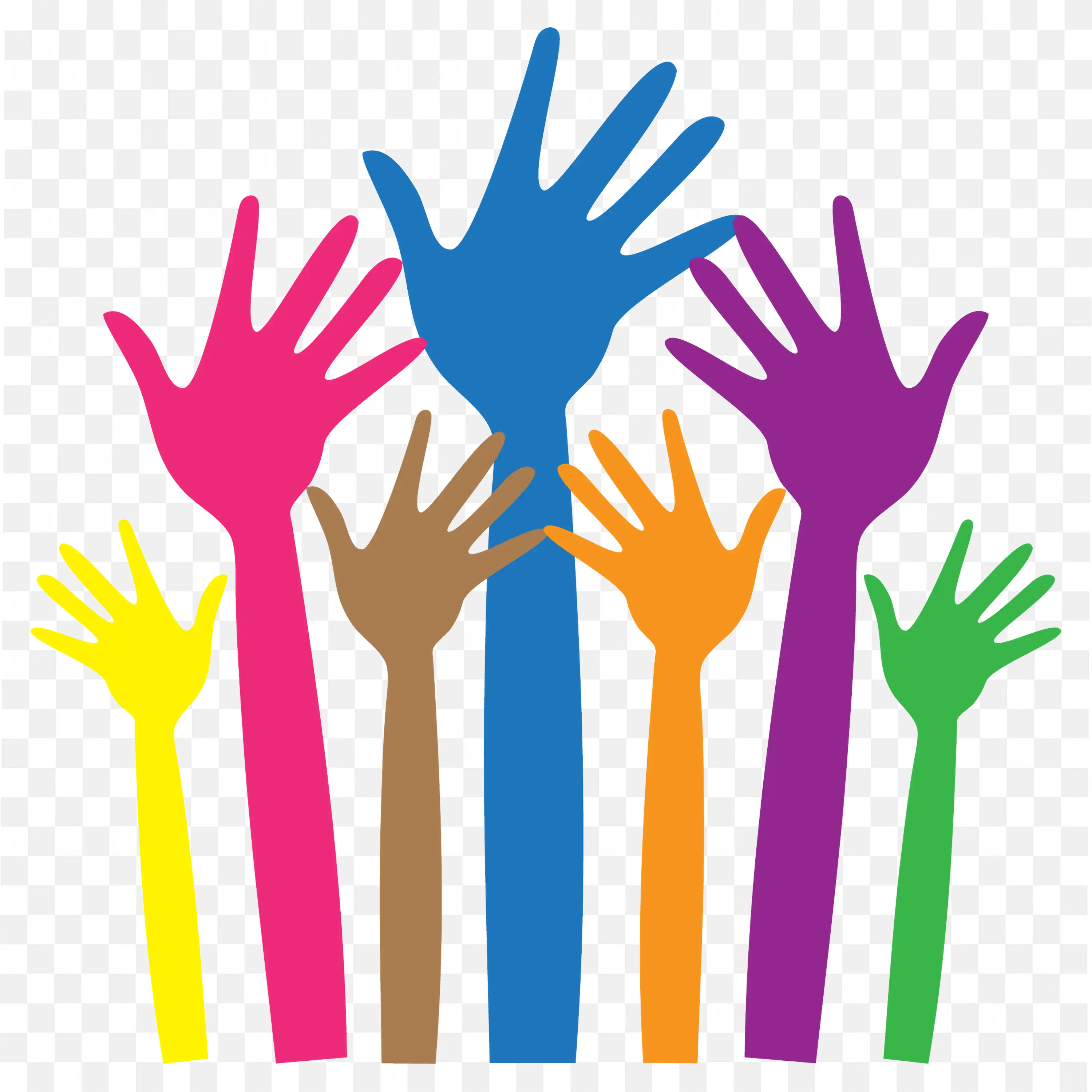 Colourful Raised Hands Representing Unity and Support PNG