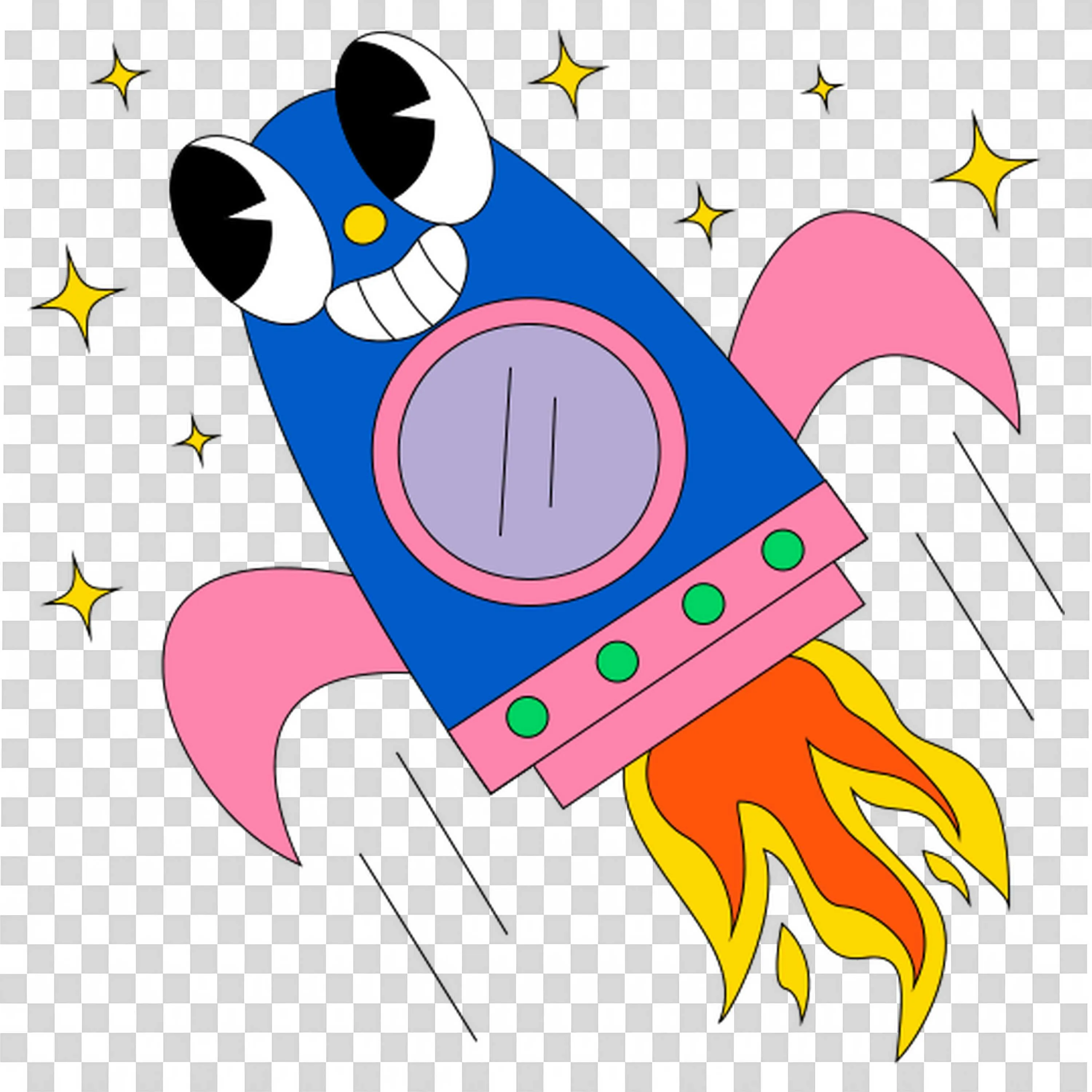 Colourful Rocket Ship with a Happy Face and Fiery Exhaust