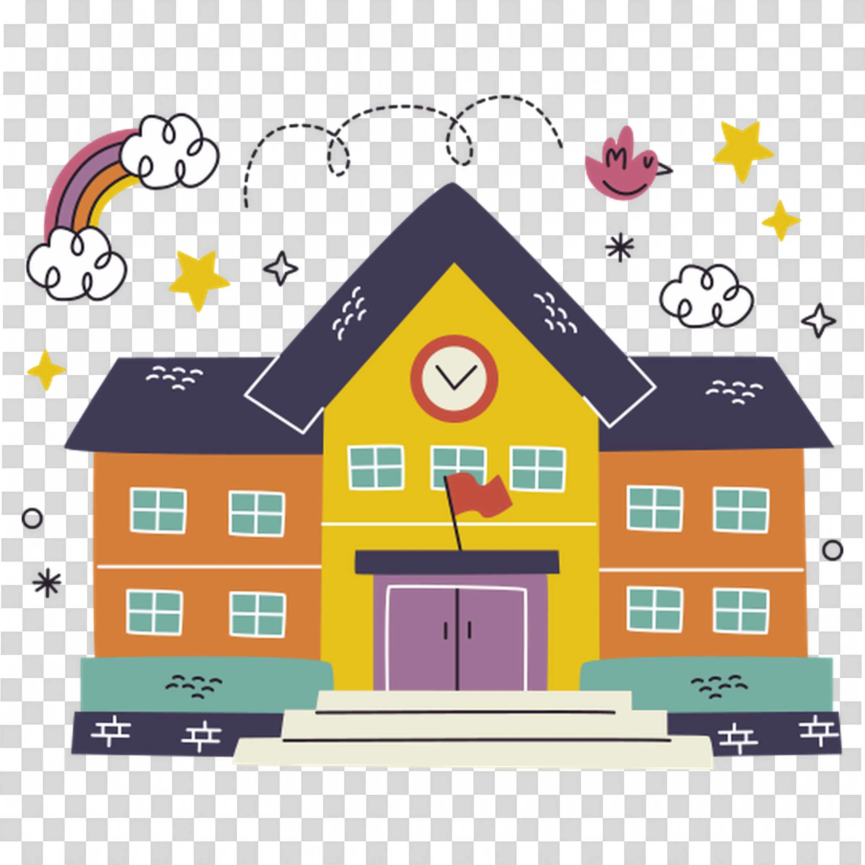 Colourful School Building with a Rainbow and Stars Design