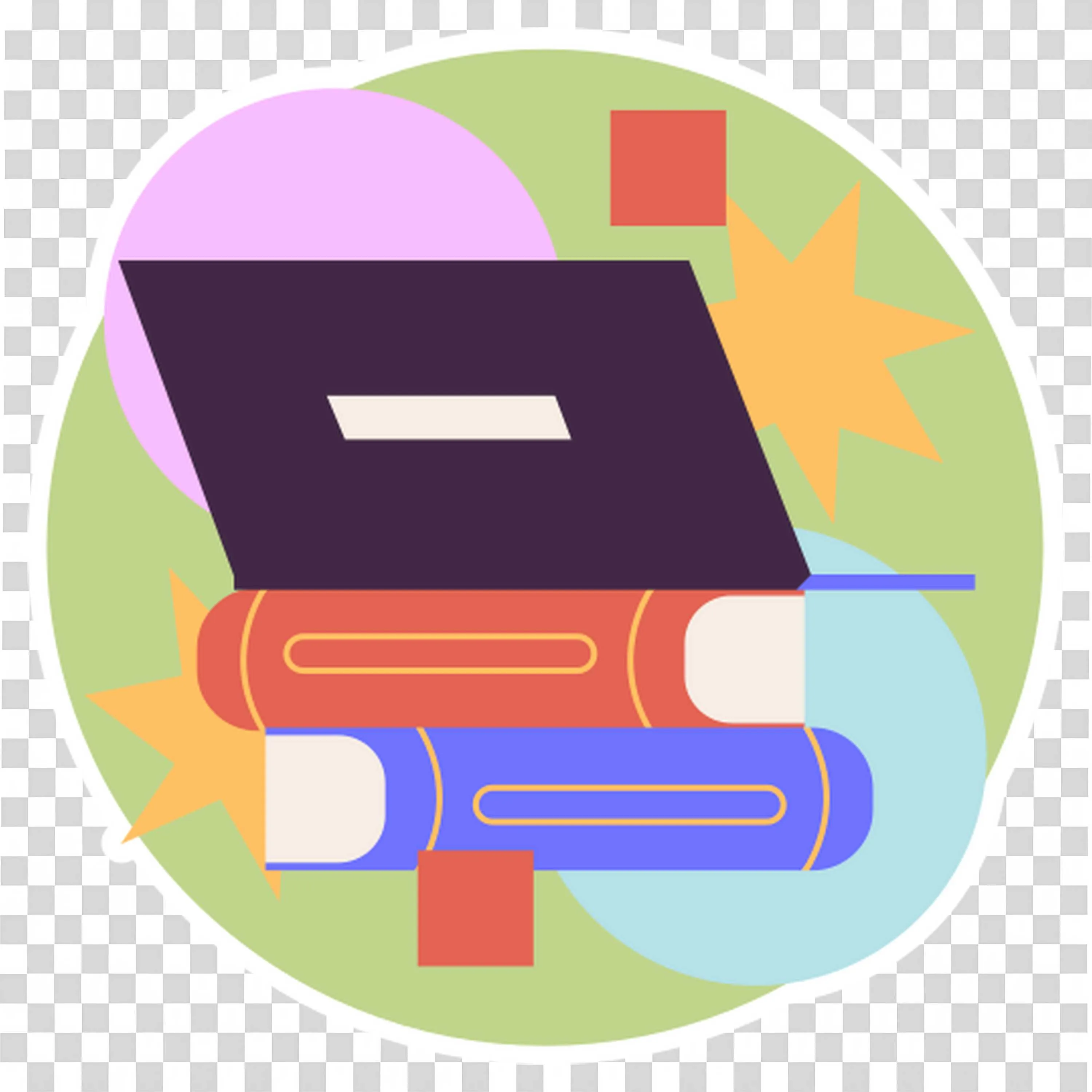 Colourful Stack Of Books with An Open Laptop on the Top Png
