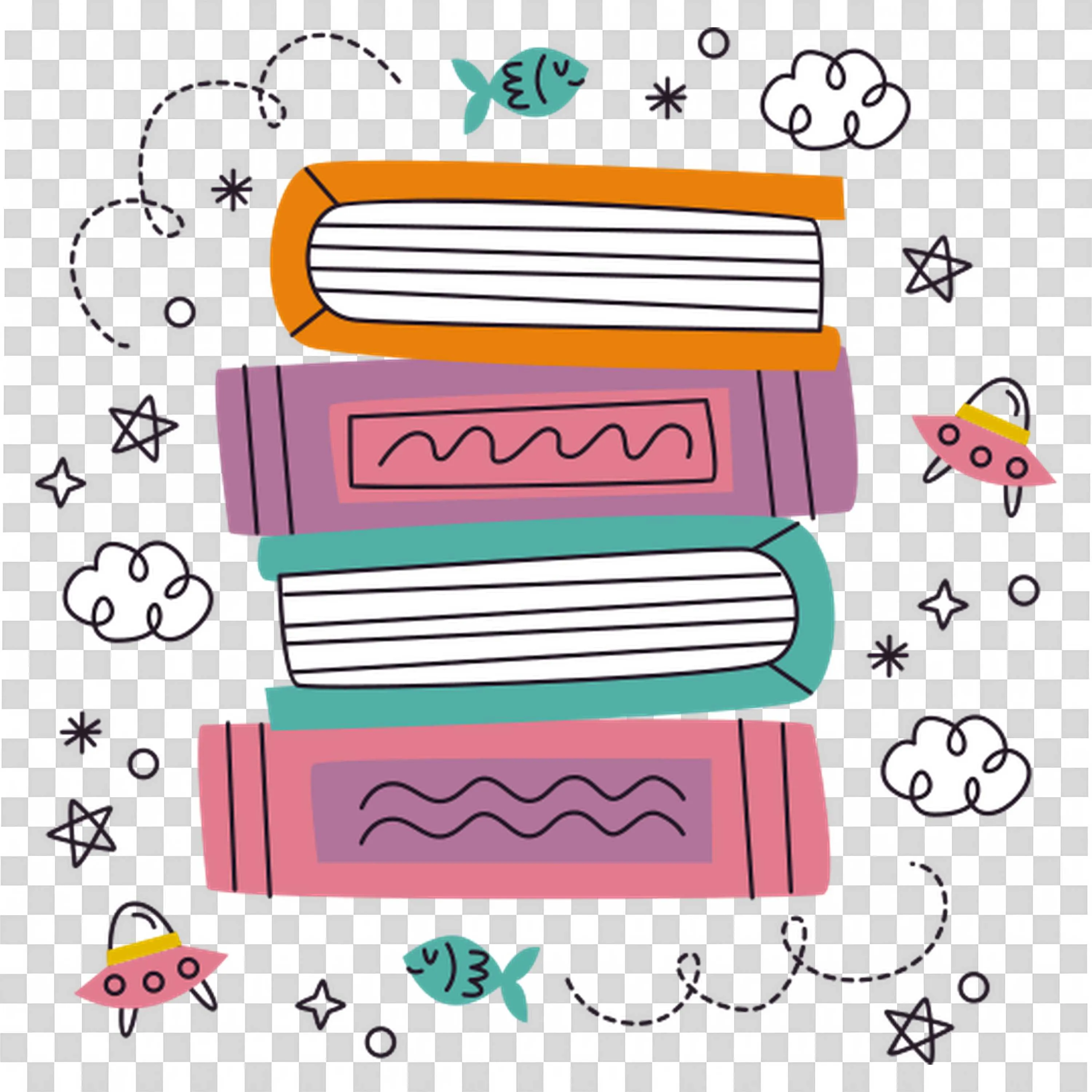 Colourful Stack Of Books with Fish and Ufo Free PNG Image