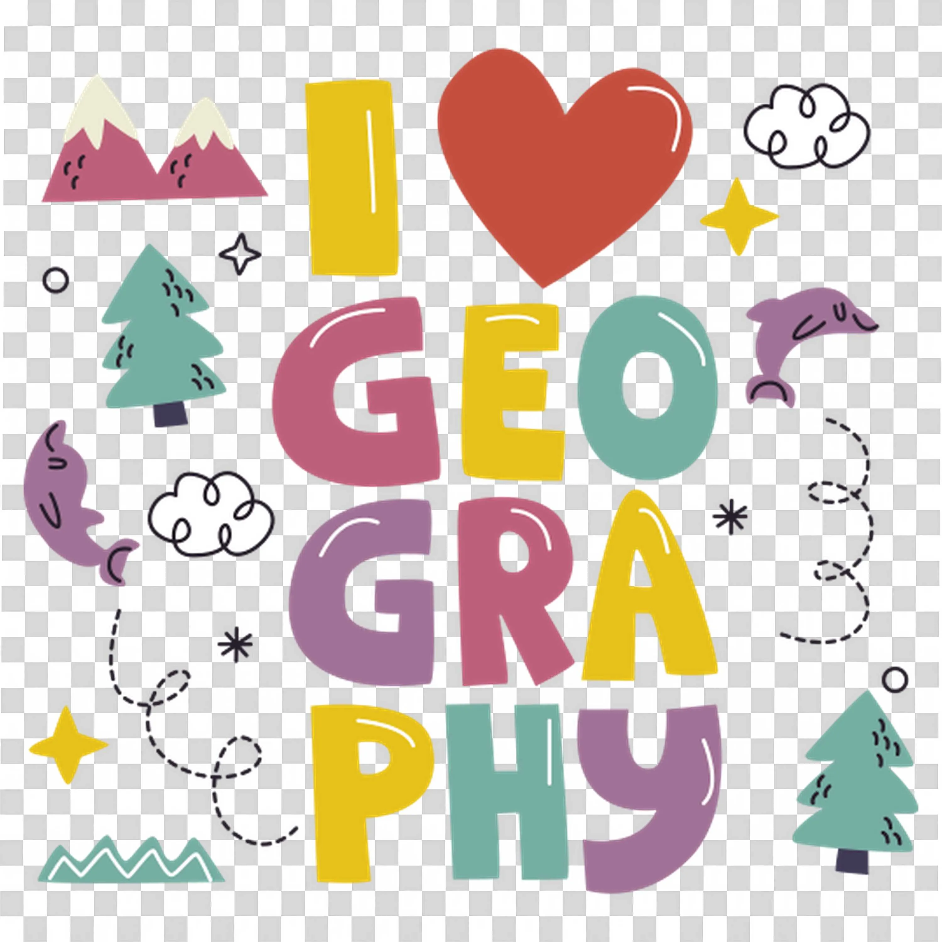 Colourful Text I Love Geography with Trees and Animals Png