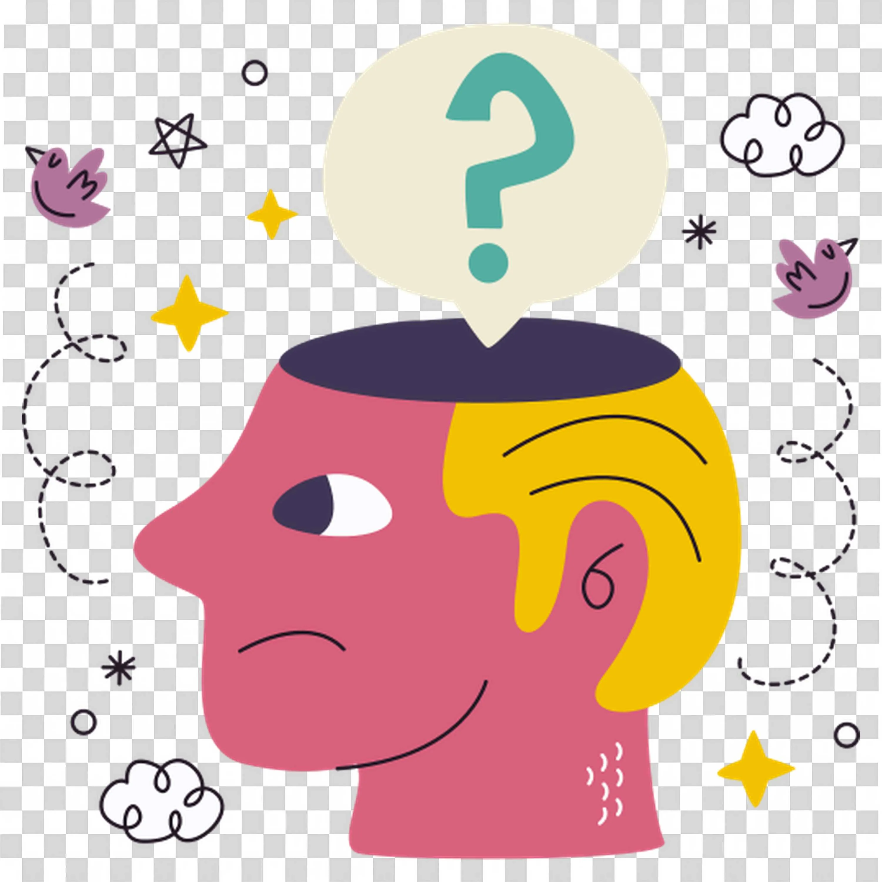 Colourful Visual Of a Thinking Head with a Question Mark