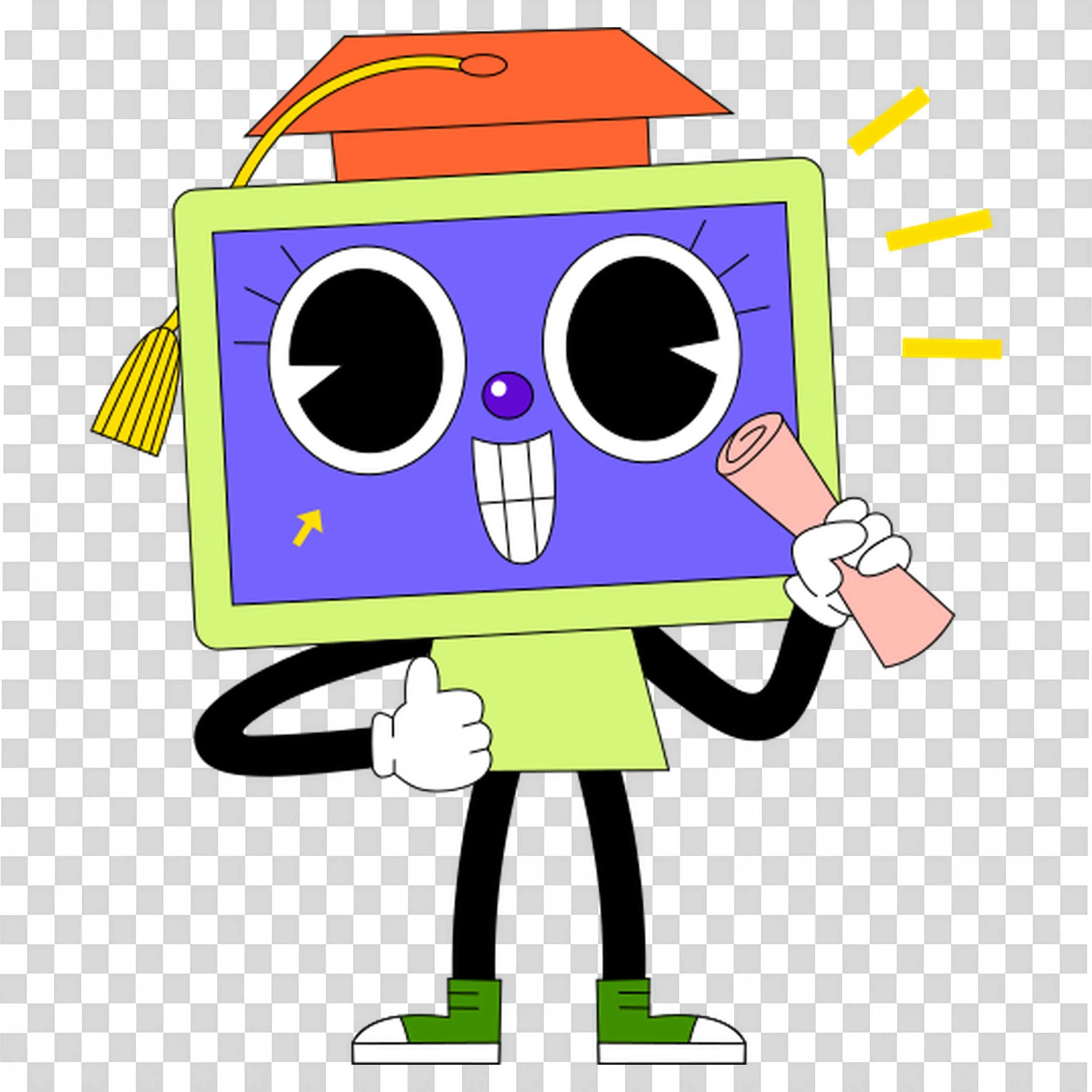 Computer with Hands and Legs Wearing a Graduation Cap Png