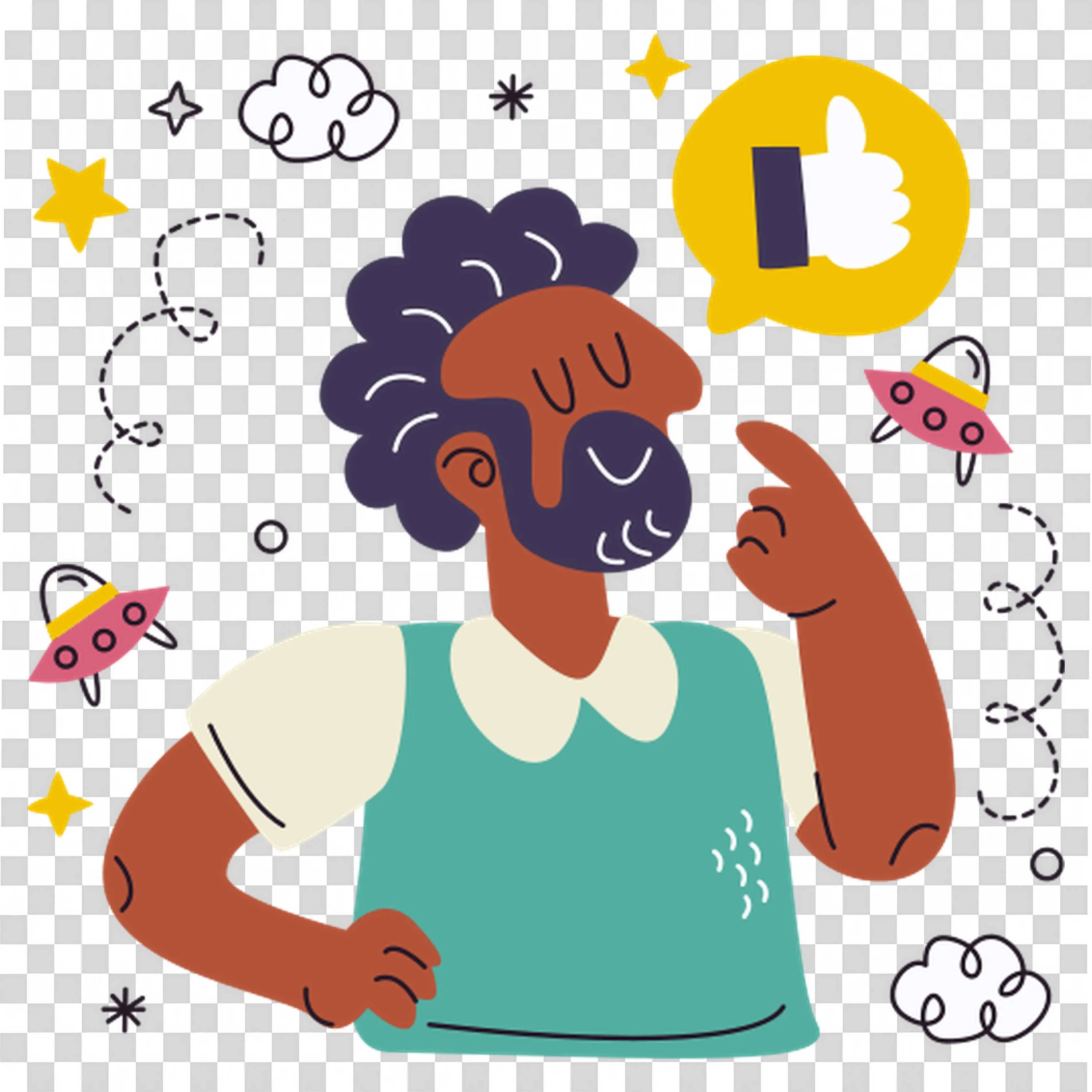 Confident Man with Thumbs Up and Ufos Cartoon Visual Png
