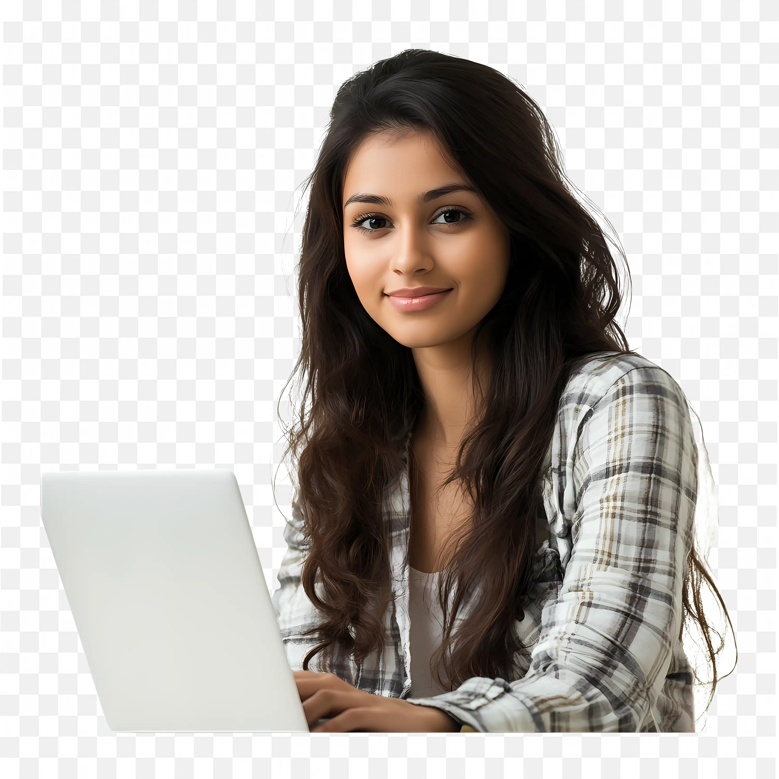 Confident Woman Working on a Laptop in Casual Wear PNG Free