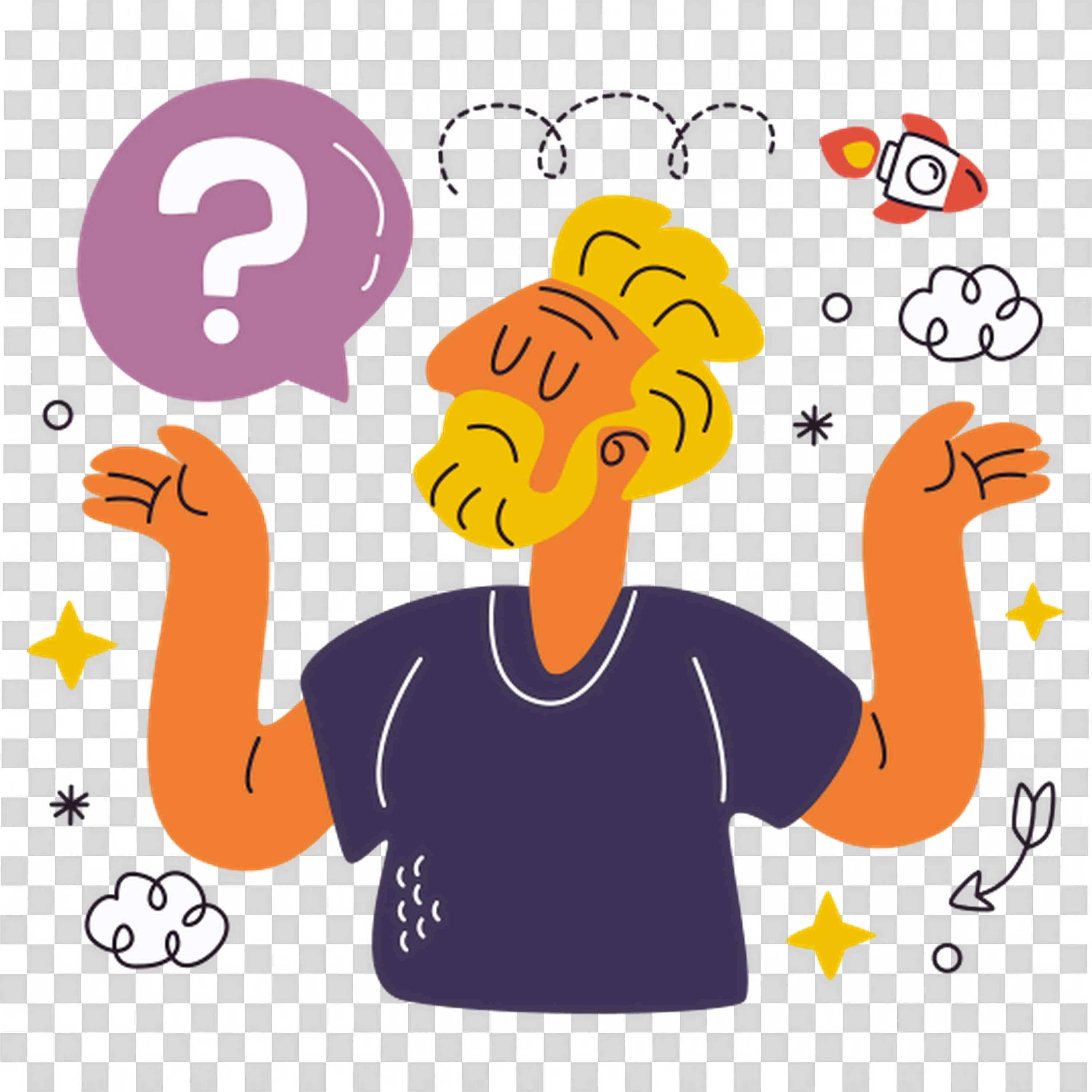 Confused Man Surrounded By Question Bubble Stars and Doodles