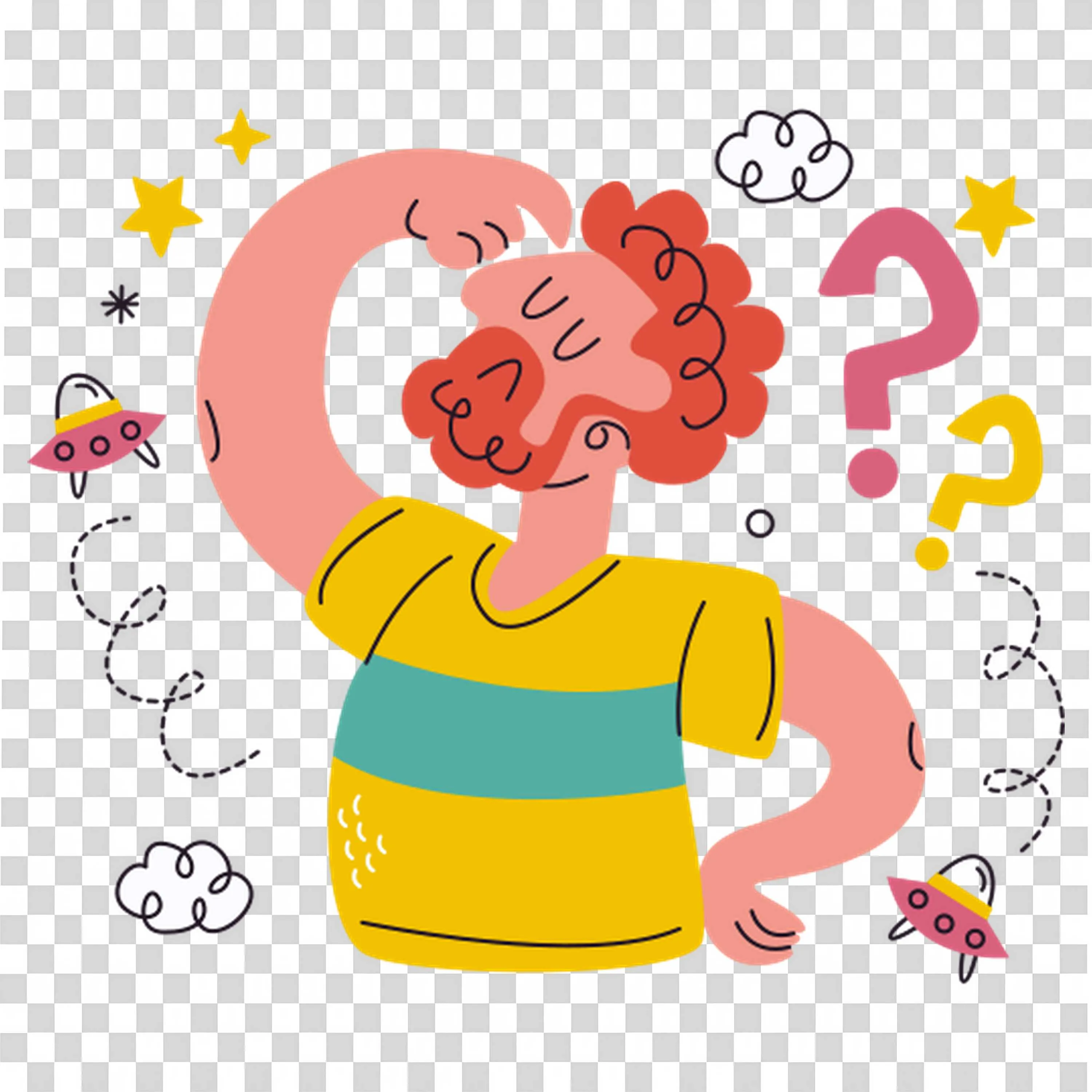 Confused Man Thinking with Question Marks and Ufos Image