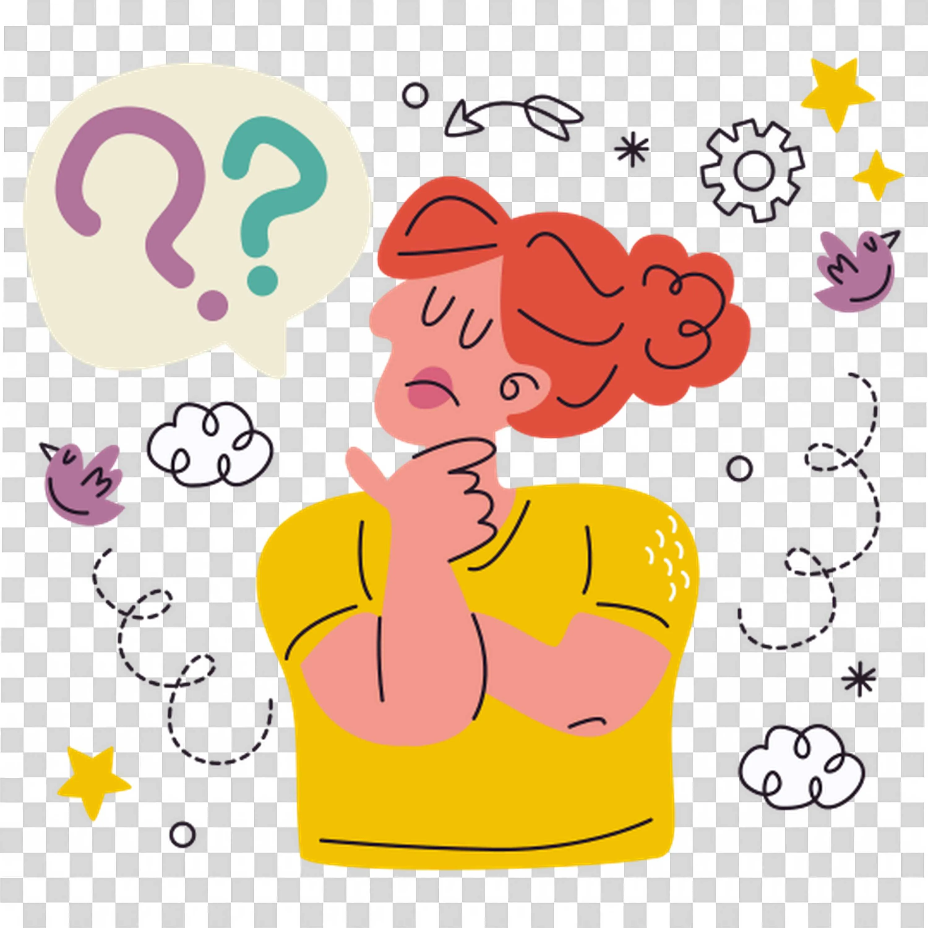 Confused Person Thinking with Question Marks and Symbols