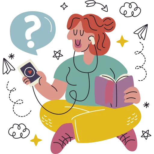 Confused Student Surrounded by Question Symbols PNG