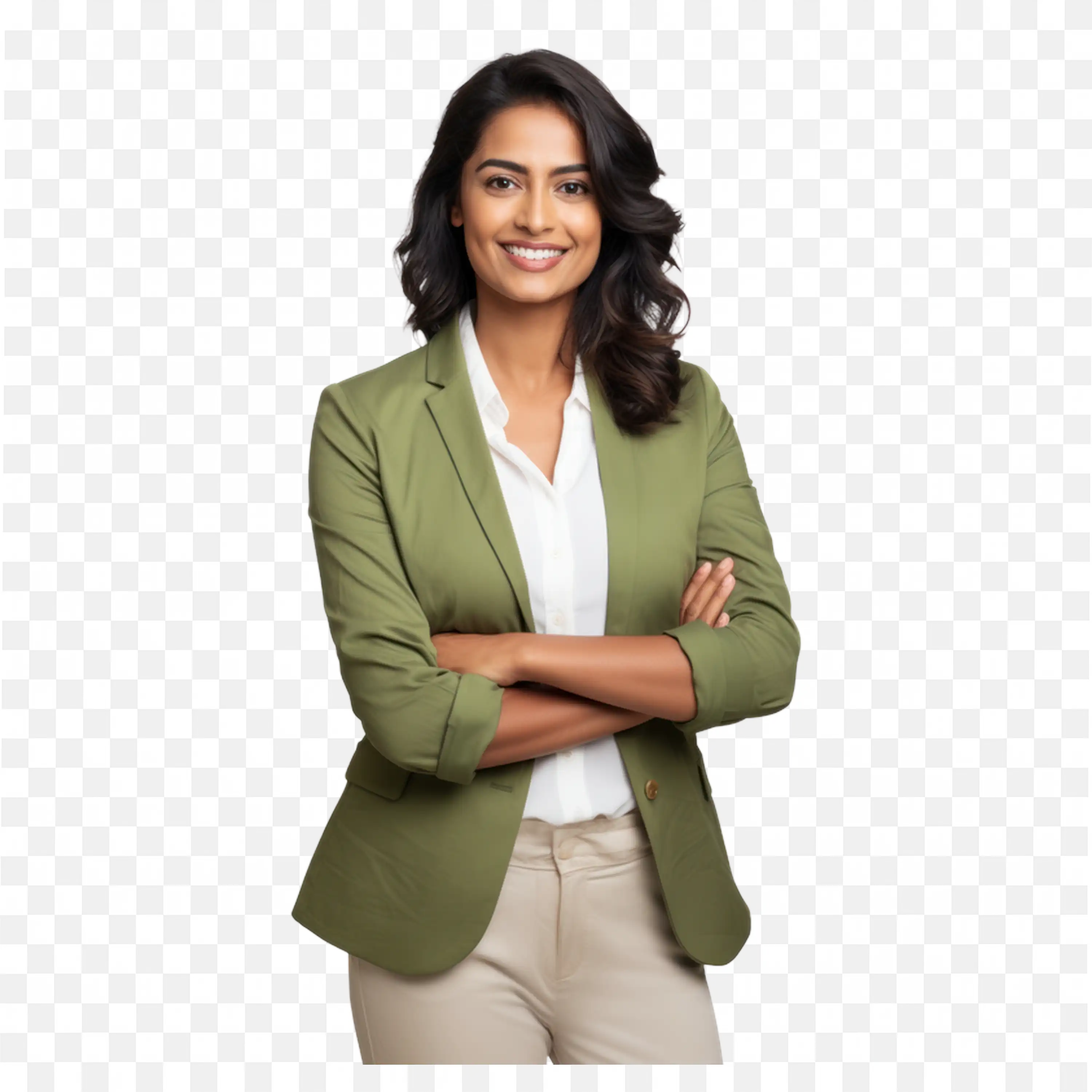 Corporate Woman in Green Coat with Confident Smile PNG