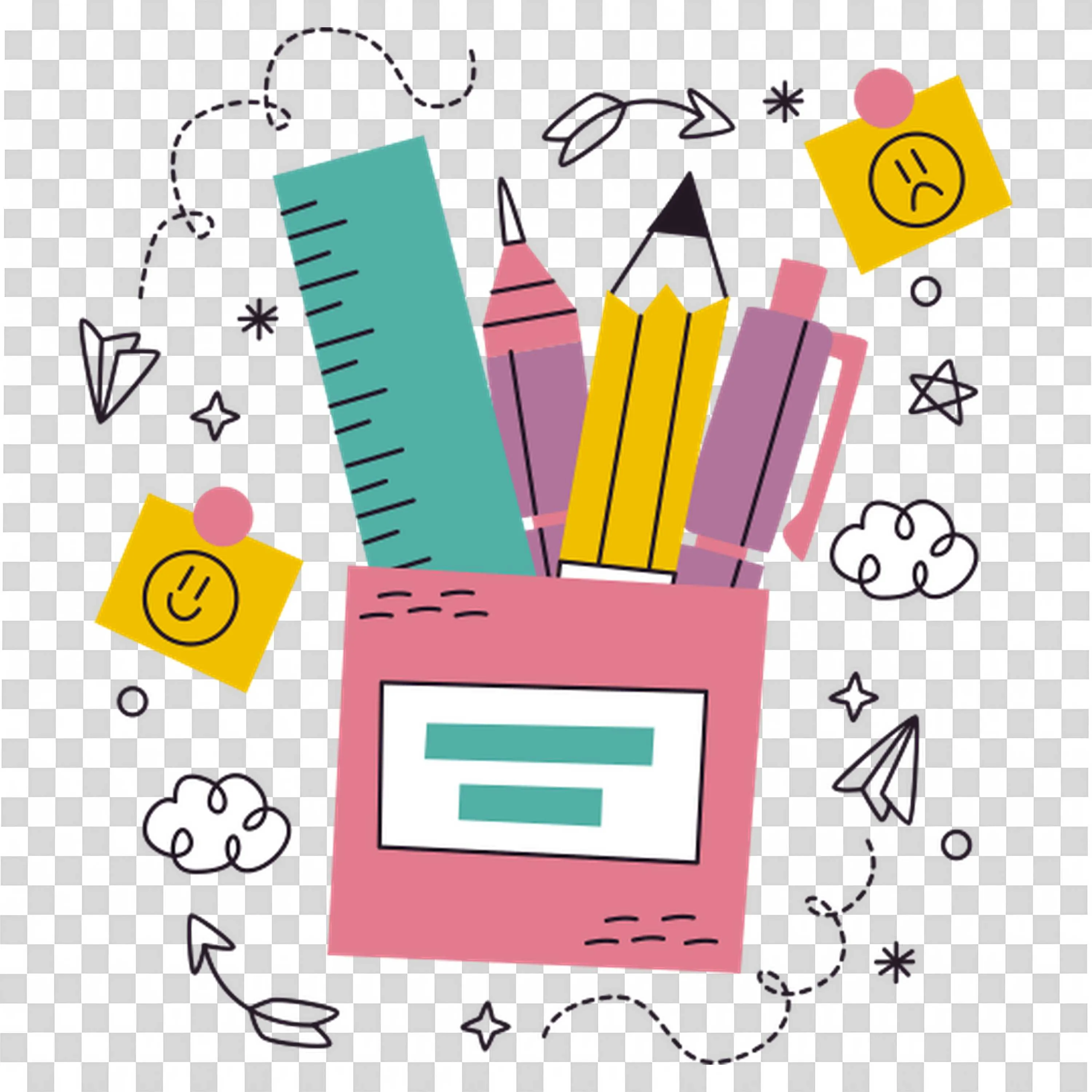 Creative Pencil Holder with School Supplies and Notes Png