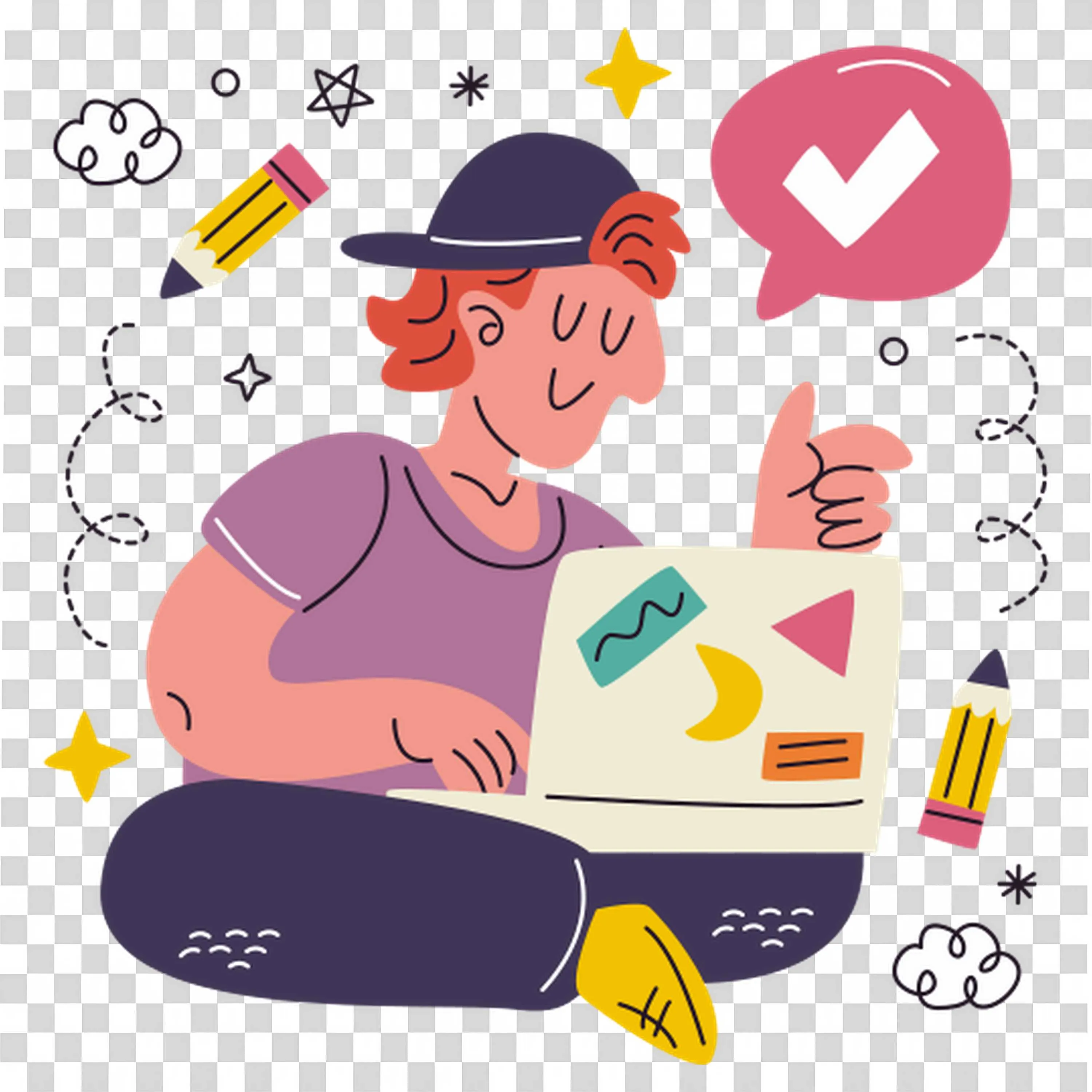 Creative Student Working on Laptop with Thumbs Up PNG Image