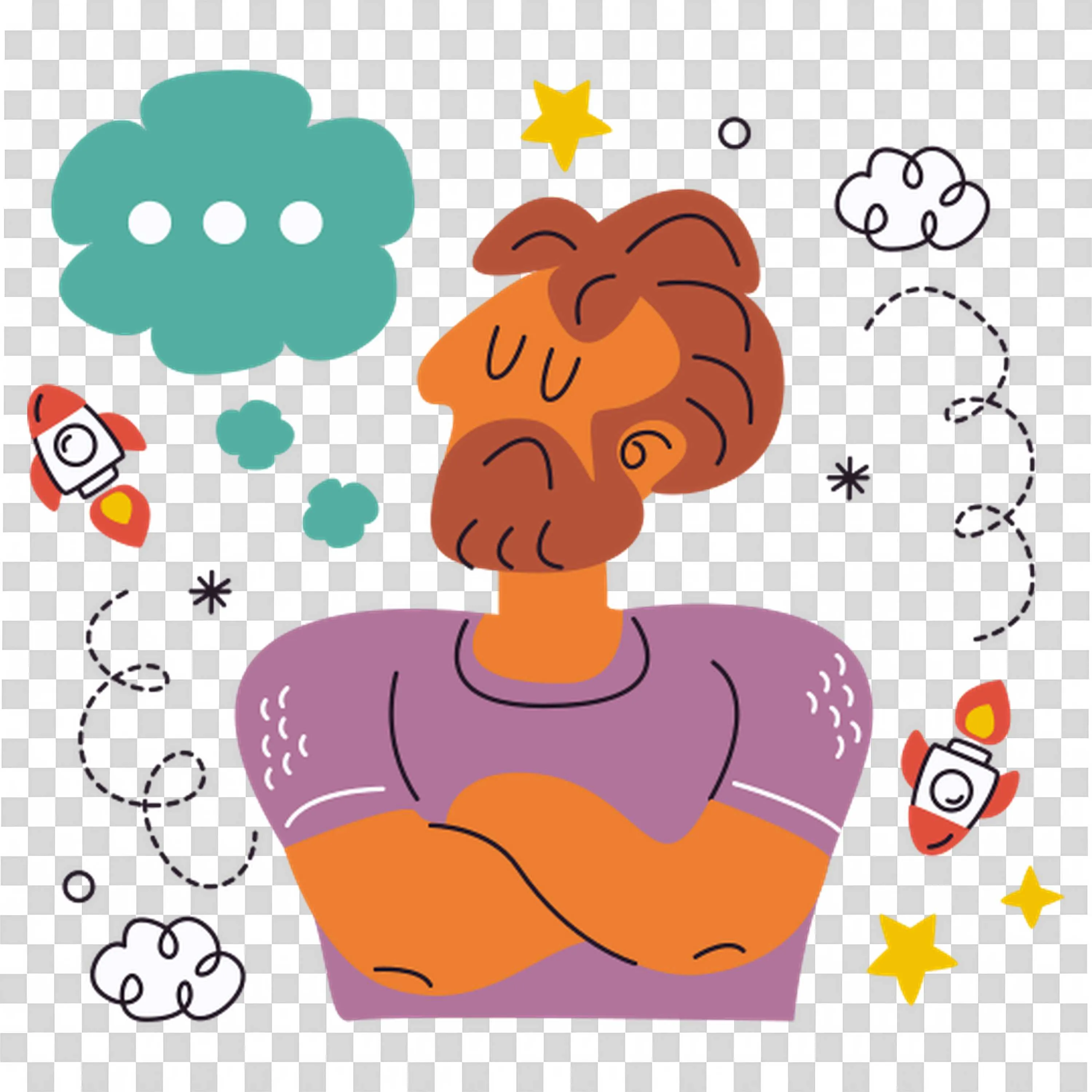 Creative Thinking Man Illustration with Rockets and Stars