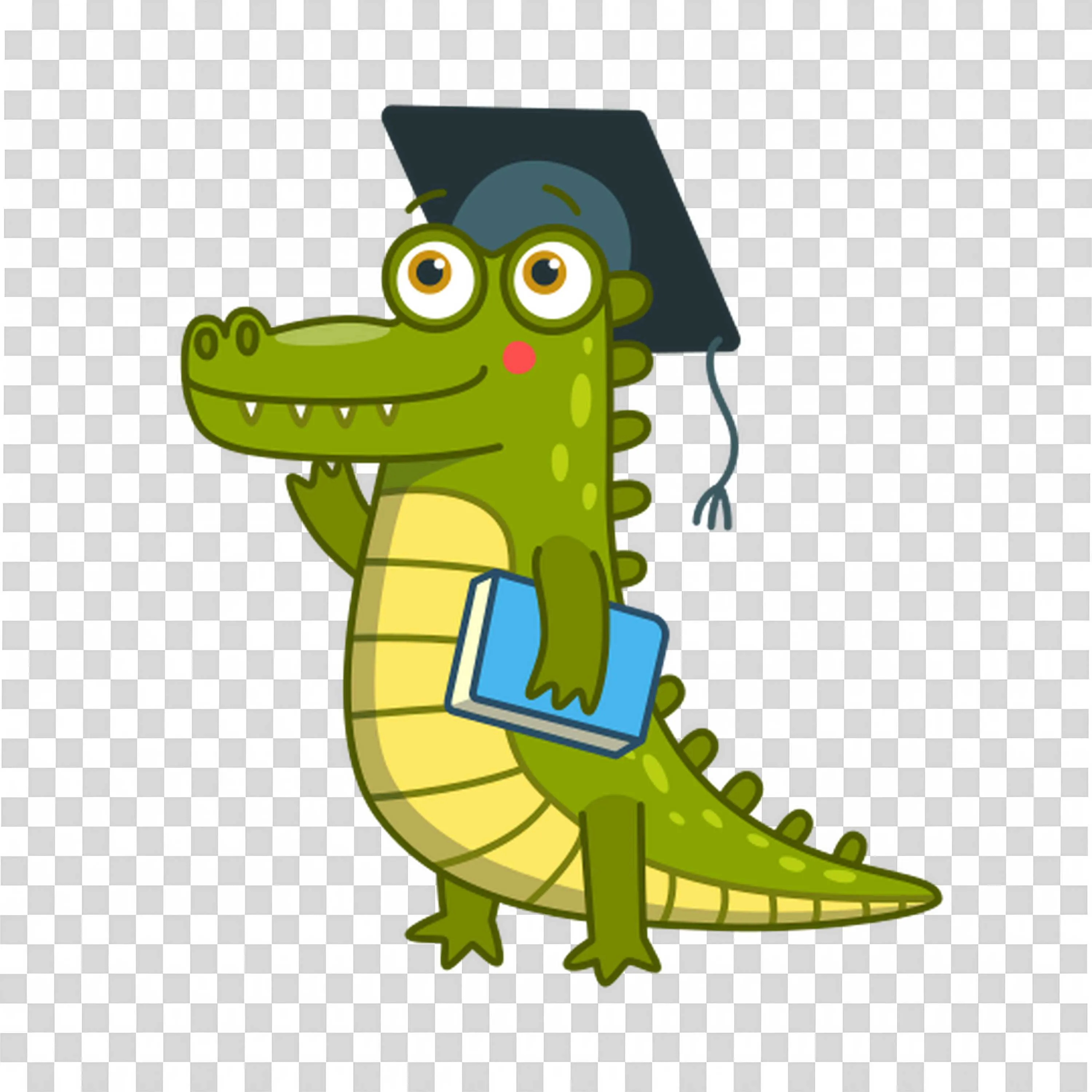 Crocodile in Graduation Cap Holding a Book and Smiling Png