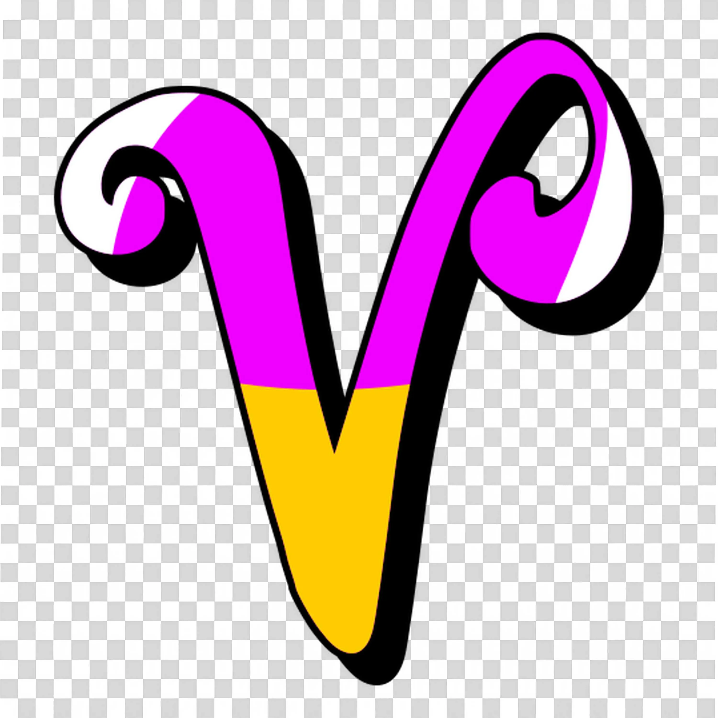 Curly Letter V in Pink Yellow and Black Cartoon Style Png