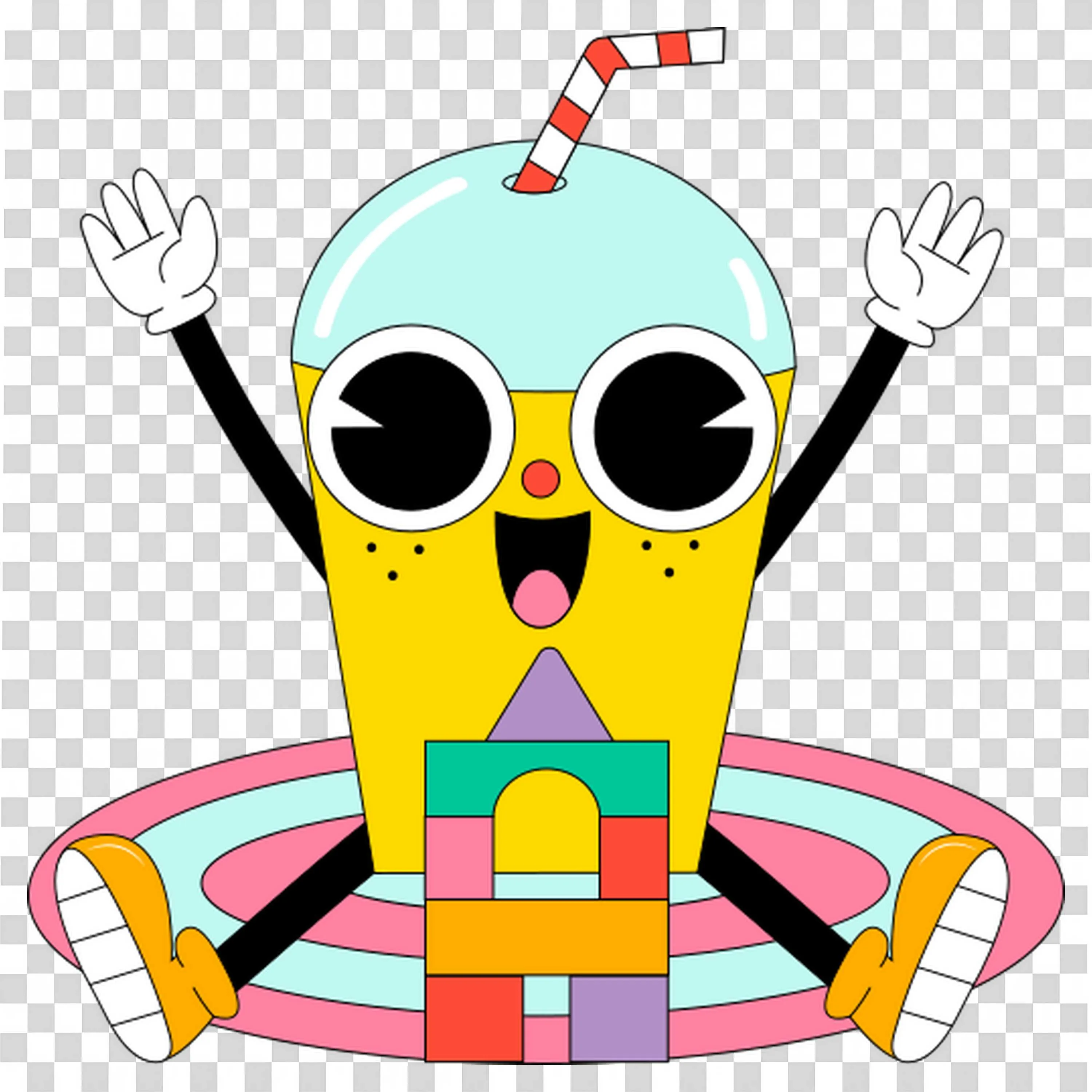 Cute Animated Drink Character Sitting with Colourful Blocks