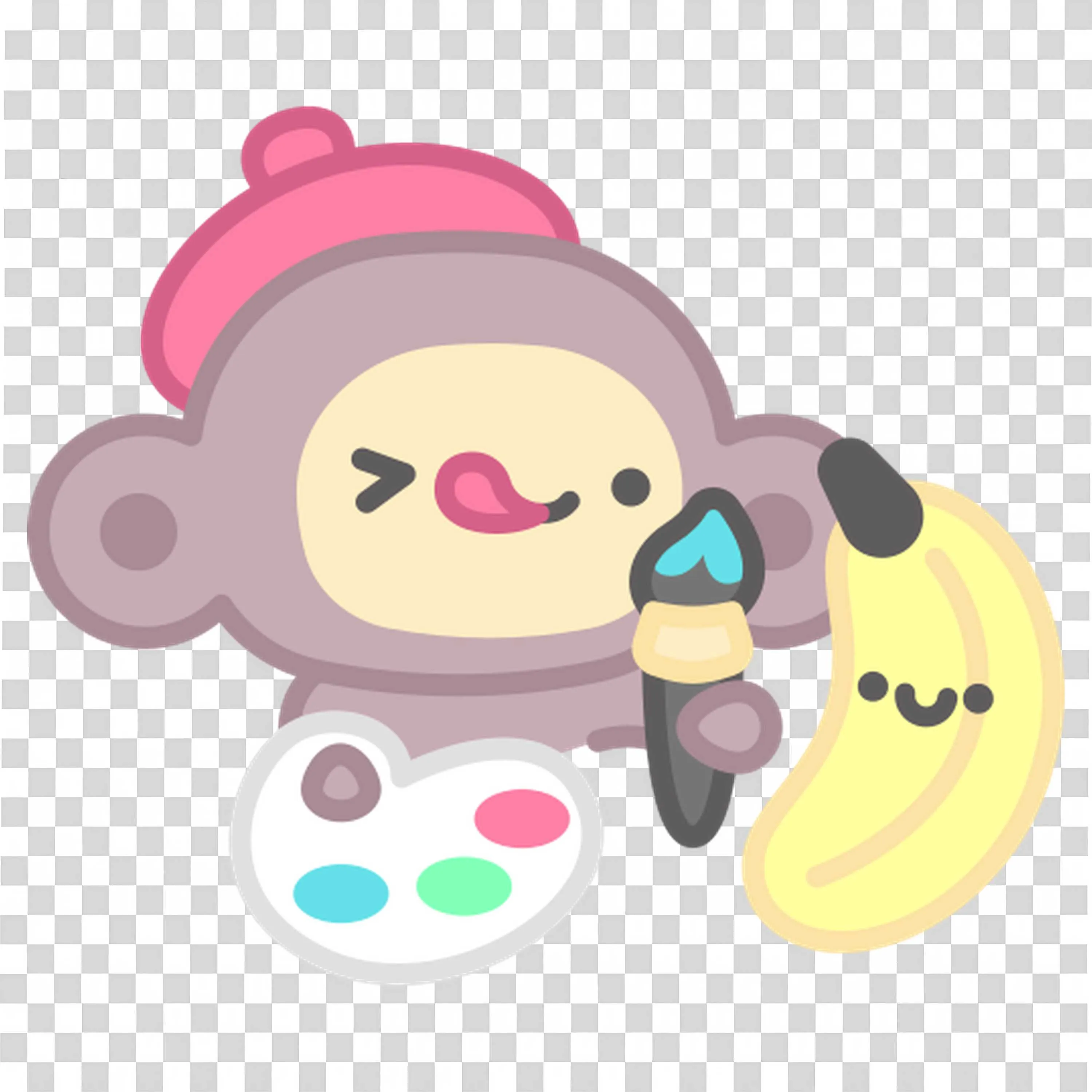 Cute Artist Monkey with Pink Hat Painting a Banana Png