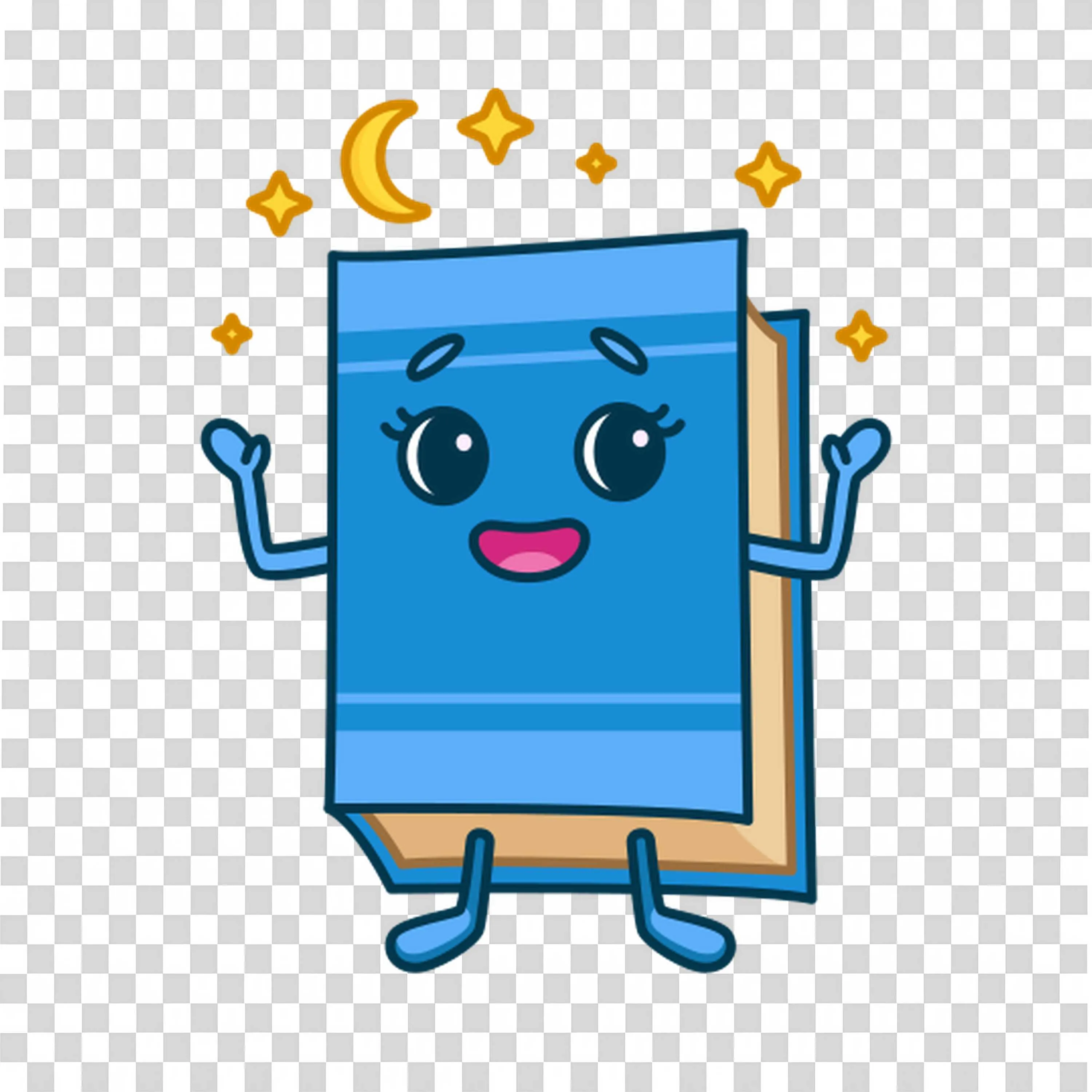 Cute Blue Book with Arms Smiling with Moon and Stars Png