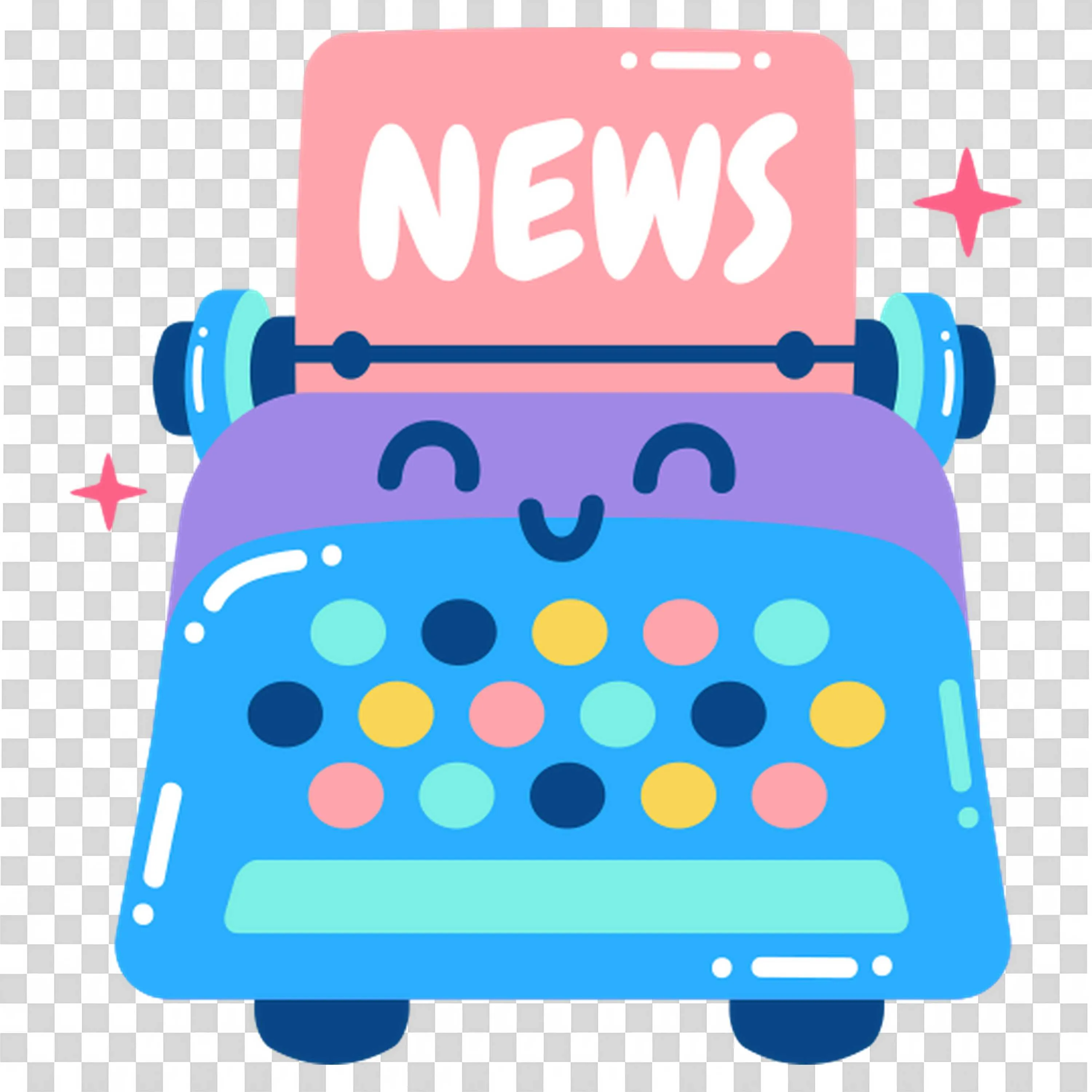 Cute Blue Typewriter with a Happy Face with News Text Png